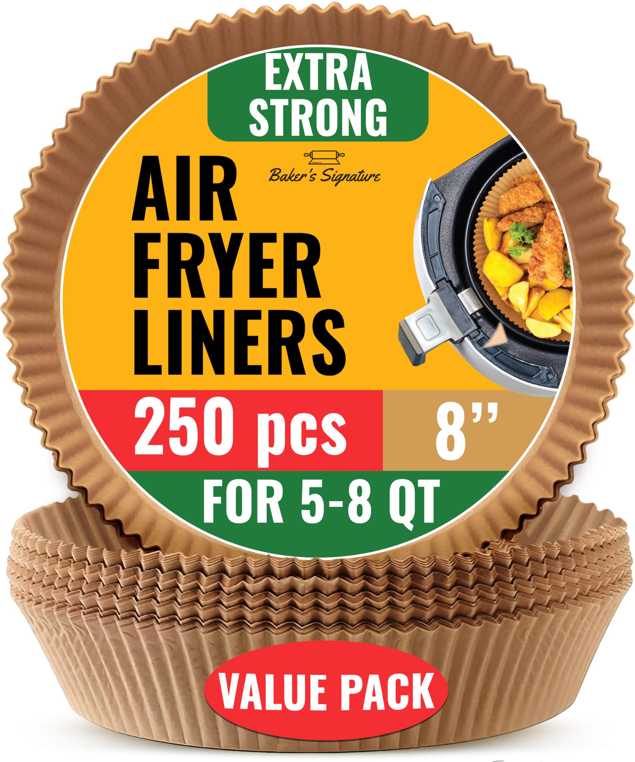 Baker's Signature Air Fryer Parchment Paper Liner, 250 Pcs - Disposable 8" Round Air Fryer Liners Compatible with Up to 5.7 qt Baskets - Unbleached, Non-Stick Paper Liners, Oil Proof for Easy Cleanup