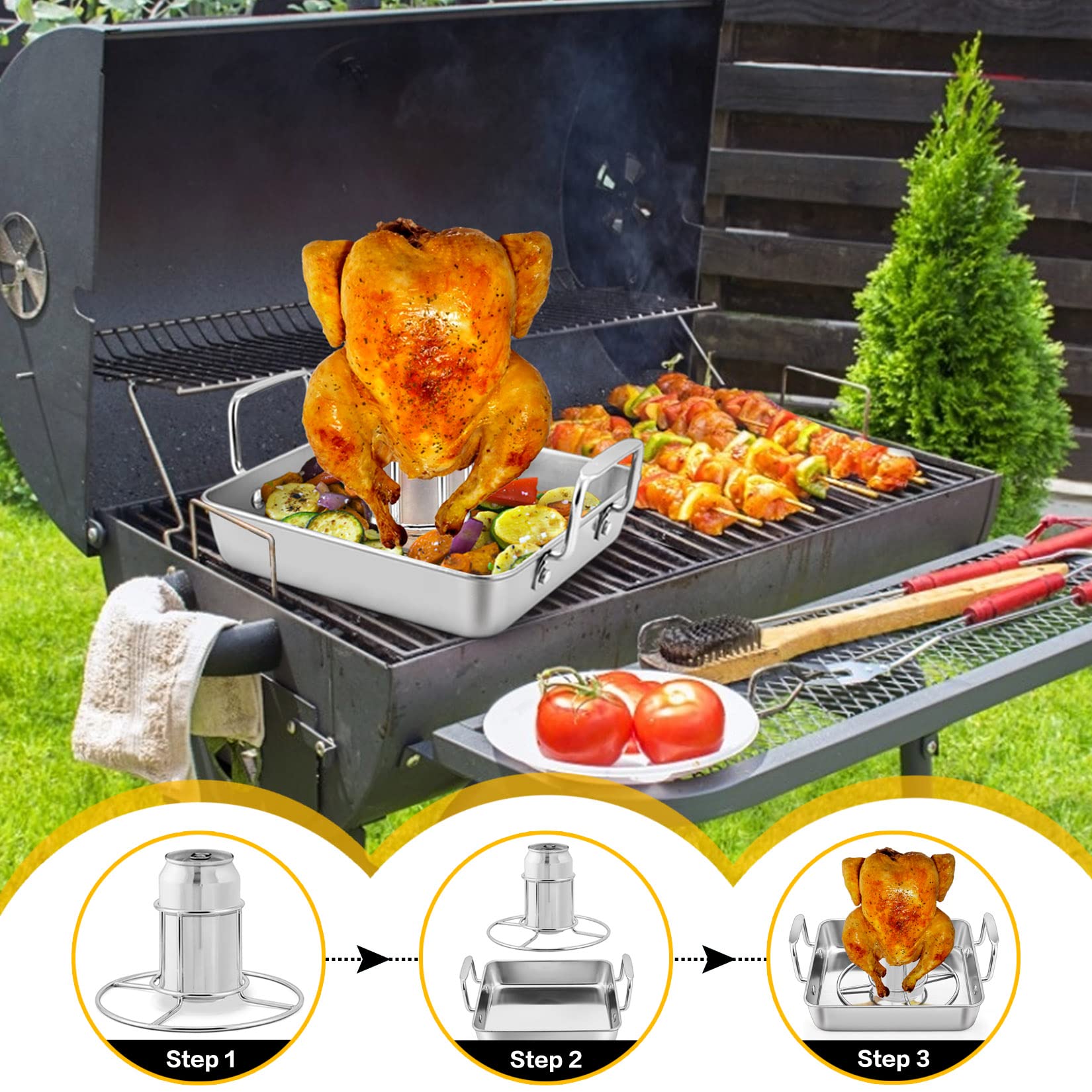 Roasting Pan with Rack, P&P CHEF Beer Can Chicken Roaster 9-inch Stainless Steel Baking pan with Vertical Rack, for Baking Grilling Smoker, Rivet Handle & Thick Wire, Heavy Duty & Dishwasher Safe