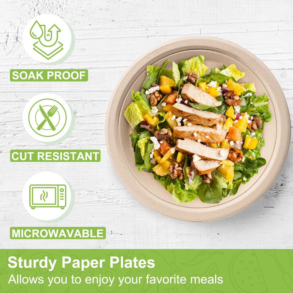 Paper Plates 10 inch, 100 Pack Paper Plates Bulk, 100% Compostable Plates Eco Friendly Disposable Plates, Large Paper Plates Heavy Duty, Brown Paper Plates