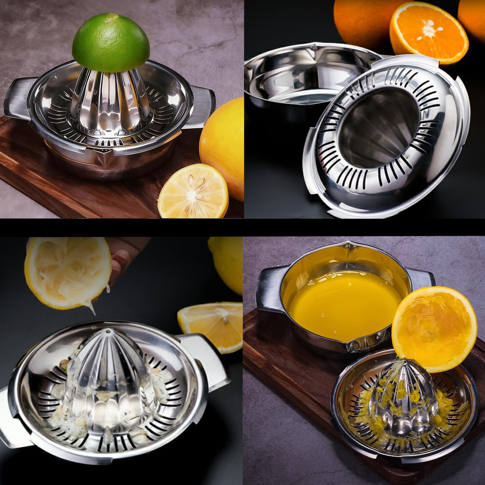 Citrus Lemon Orange Grapefruit Juicer Manual Stainless Steel 304 Anti-Rust Metal Hand Press Fruit Squeezer with Juice Strainer＆12 OZ Bowl with 2 Spouts, Dishwasher Safe, Easy to Clean, Heavy Duty
