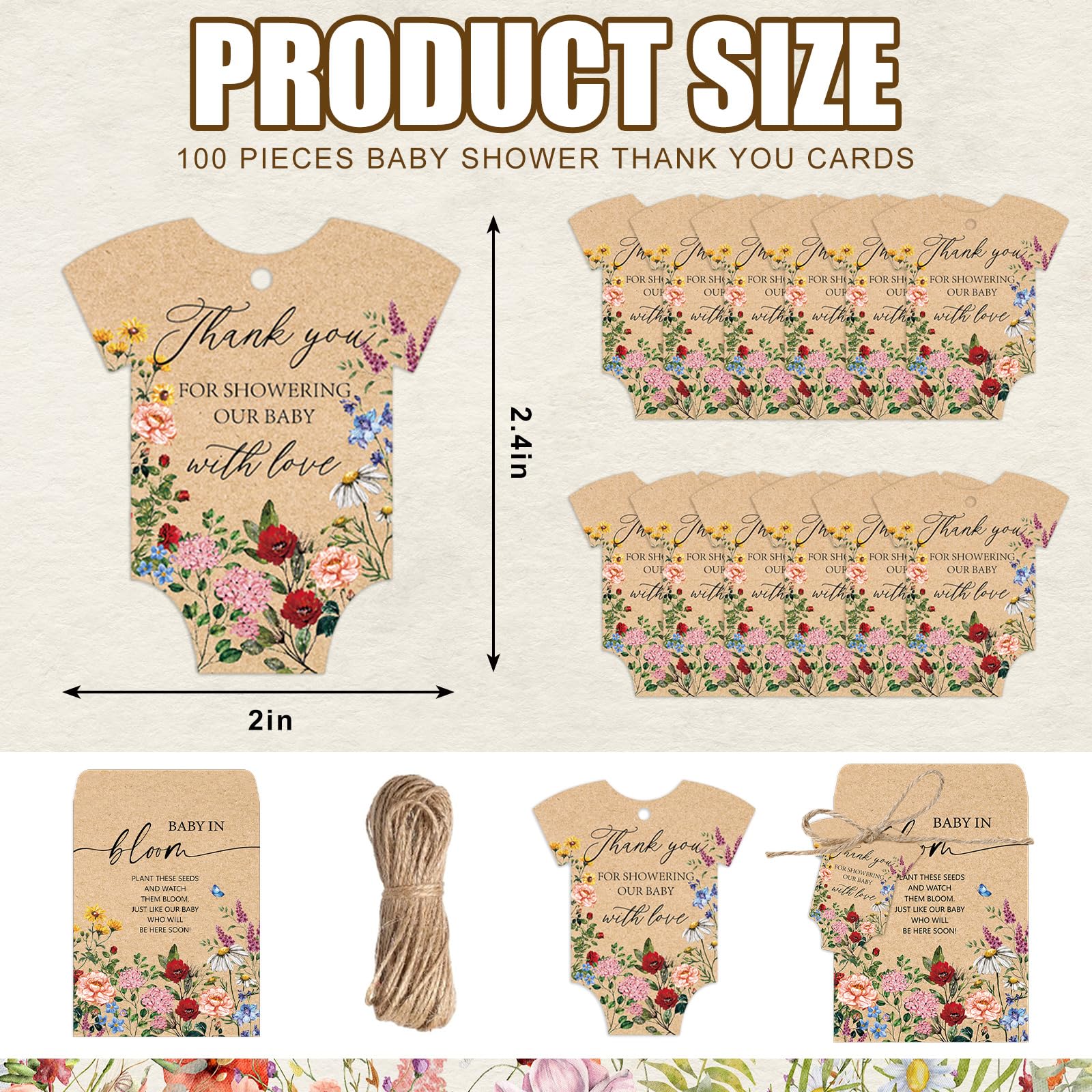JarThenaAMCS 100Pcs Baby Shower Seed Packets Wildflower Self Adhesive Kraft Envelopes with Thank You Tags Baby in Bloom Seed Storage Pockets for Garden Party Favors Supplies