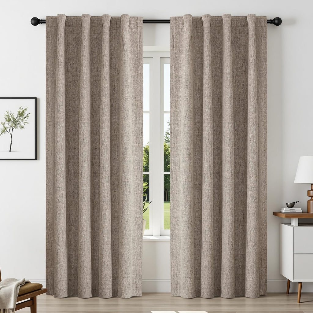 CUCRAF 100% Blackout Curtains 2 Panels,Linen Black Out Curtains 84 Inch Long Room Darkening Thermal Insulated Opaque Curtains for Bedroom Living,Back Tab & Rod Pocket (52Wx84L Inch, Linen)