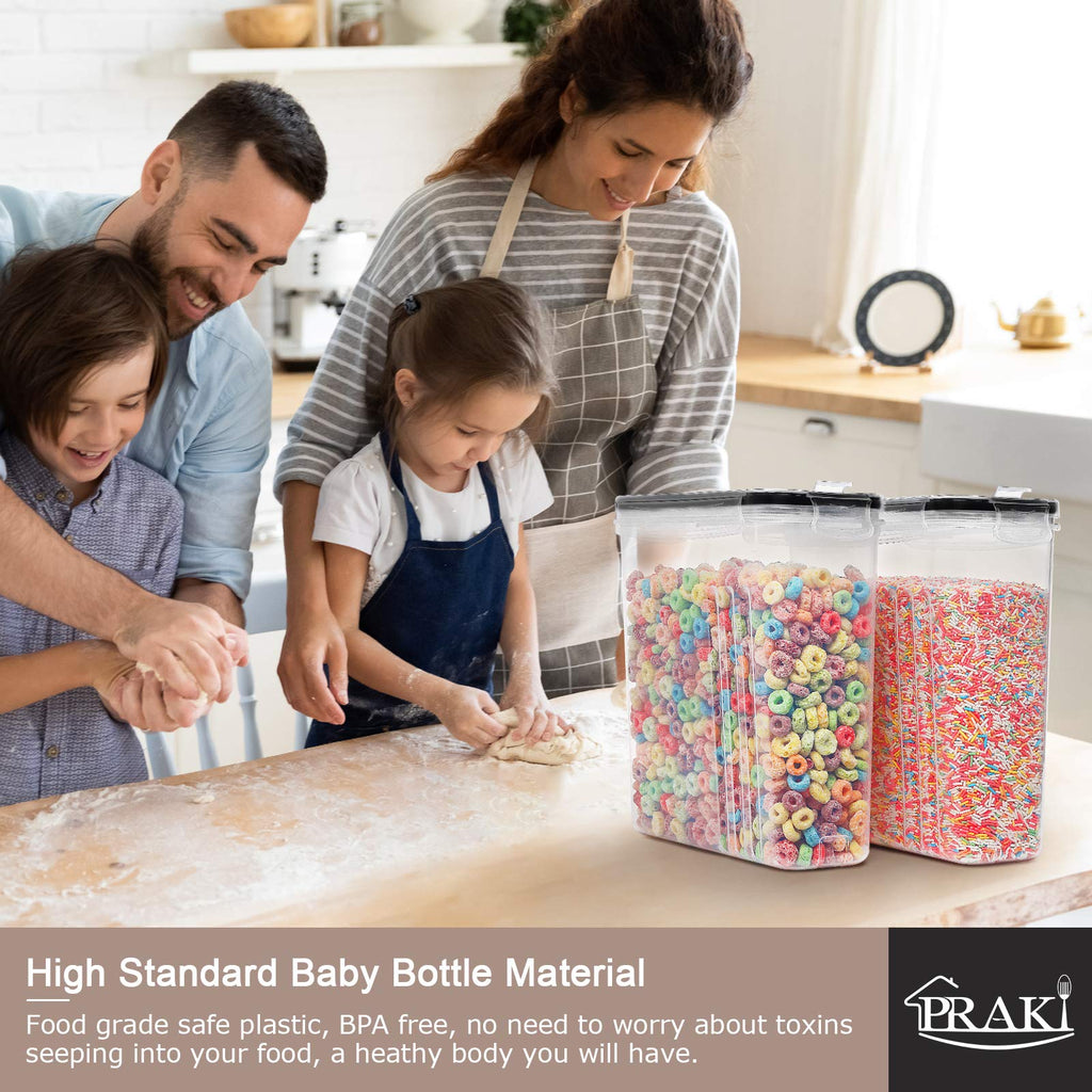 PRAKI 5PCS Cereal Containers Storage Set, BPA-Free Airtight Food Storage Container Set with Lids, Kitchen Pantry Organization & Storage, Perfect for Sugar, Baking Supplies - 20 Lables & Mark(4L Black)