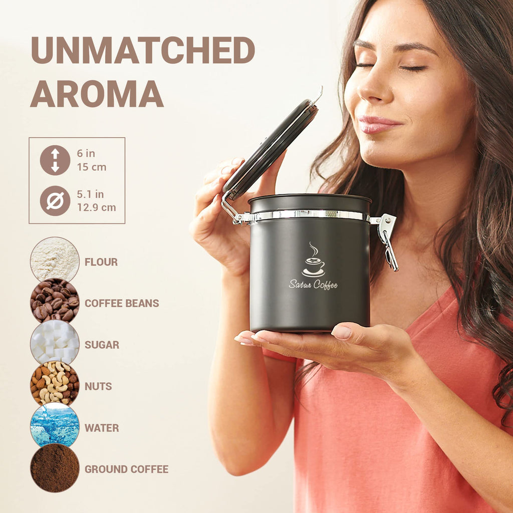 Coffee Canister Airtight Coffee Container - Stainless Steel Coffee Storage for Beans, Grounds, Tea, Sugar - Coffee Containers with Date Tracker, Scoop, CO2 Valve Filters, Medium Coffee Jar 16oz, Black