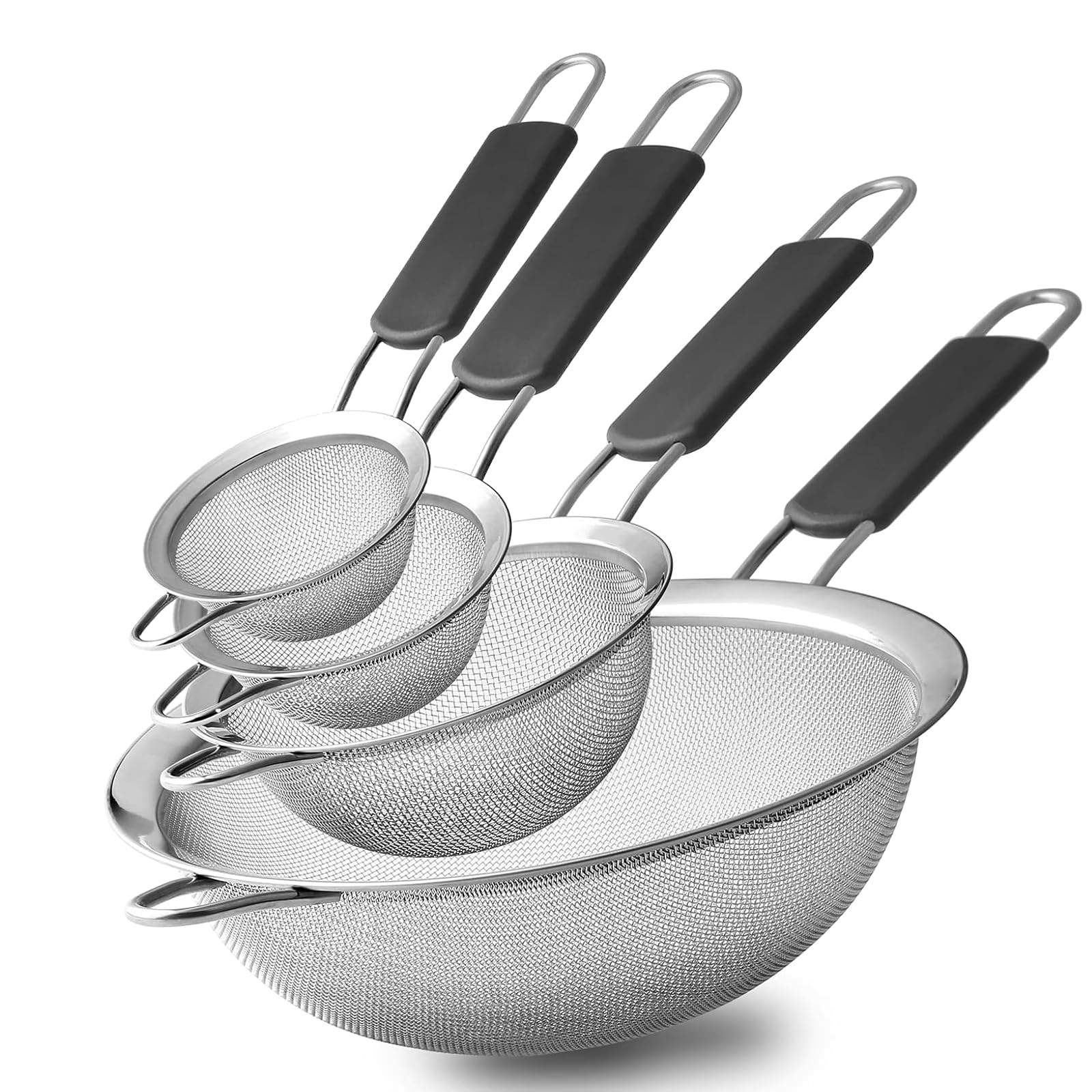VICSDEP Fine Mesh Strainer Set of 4,Stainless Steel 8, 12, 16,20cm Strainers Wire Sieve Sifter with Insulated Handle Strainers for Kitchen Gadgets Tools