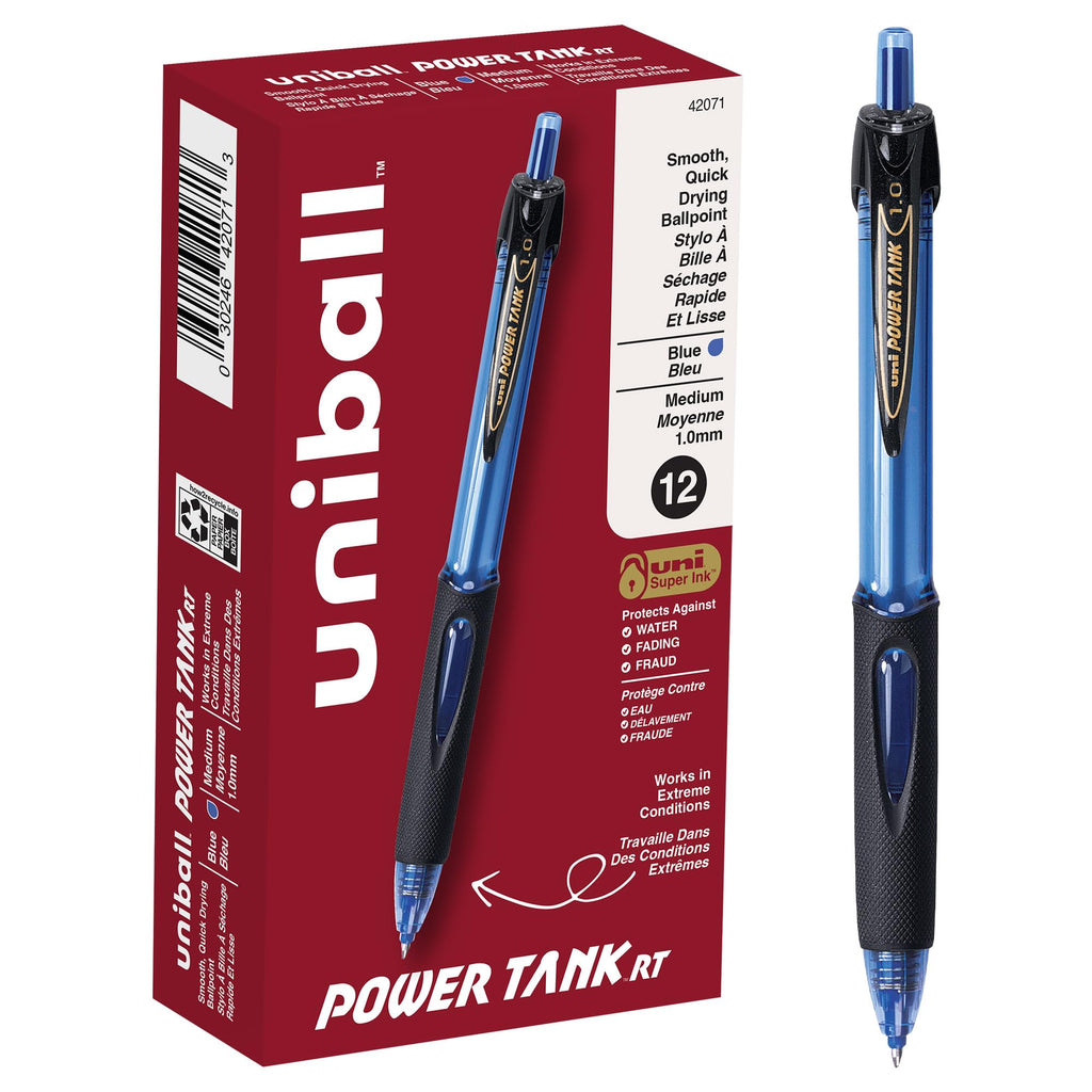 uni-ball POWER TANK Pen Ballpoint, Retractable Ball Point Pen Blue Barrel Bold-1.0mm, 12 Pack, Blue Ink (42071)