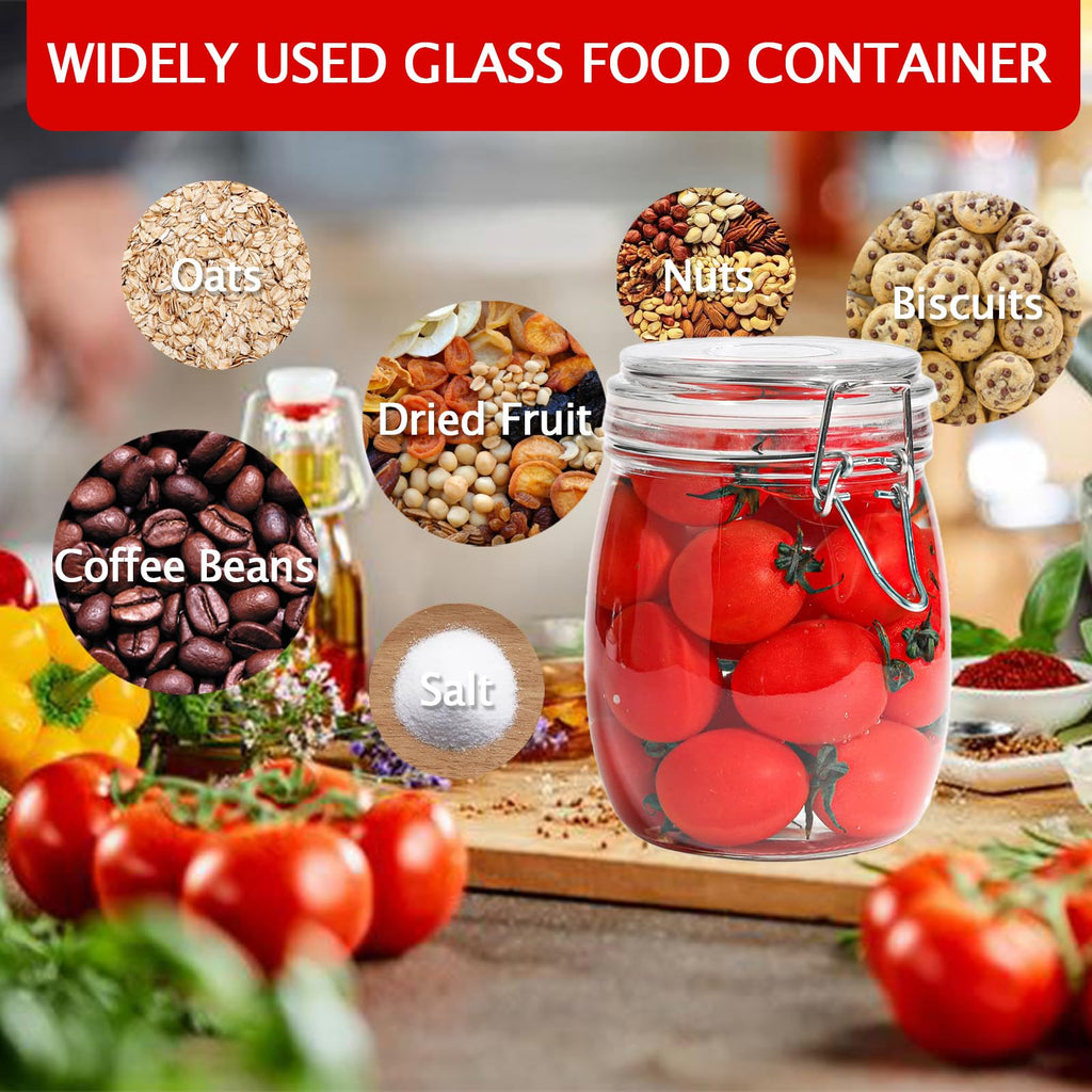 Glass Jar with Lid 25oz/750ml, 6 Pcs Round Clear Airtight Glass Jar with Stainless Steel Wire Clamp, Marker Stickers and Liquid Chalk, Food Storage Containers