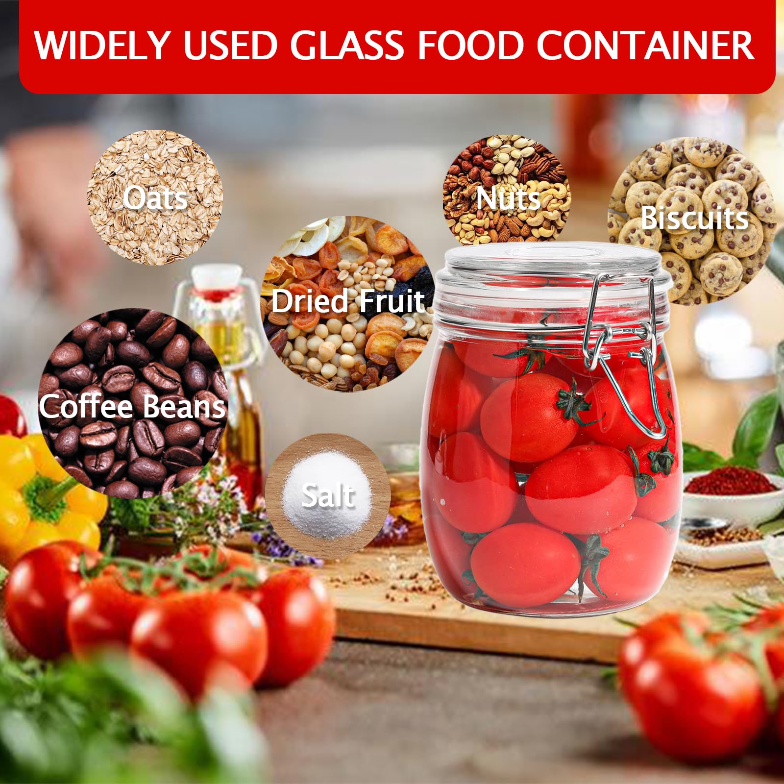 Glass Jar with Lid 25oz/750ml, 6 Pcs Round Clear Airtight Glass Jar with Stainless Steel Wire Clamp, Marker Stickers and Liquid Chalk, Food Storage Containers
