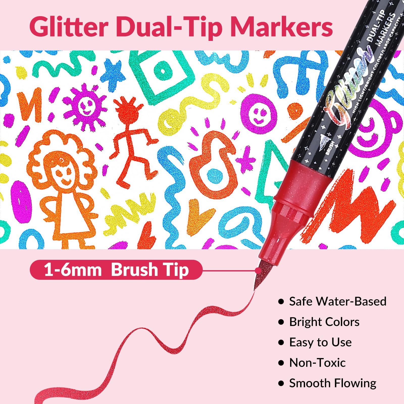 KEMYR Glitter Brush Markers Pens,48 Colors Dual Tip Glitter Pens Set 24 Pack Metallic Sparkle Markers for Cards, DIY Crafts, Doodle, Writing, Adults Coloring Books, Art Supplies Scrapbooking