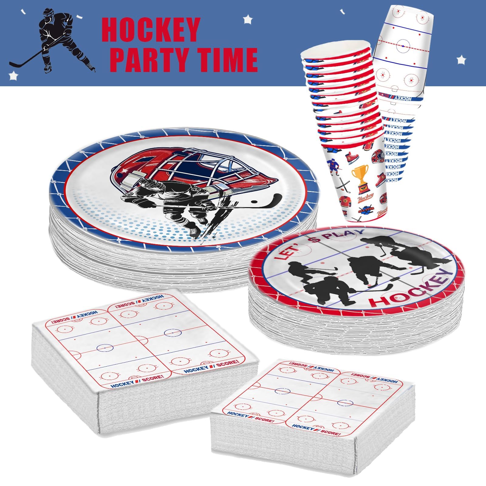 104 PCS Hockey Party Table Supplies Kit Serve 26, Includes Dinner Plates, Dessert Plates, Napkins, Cups for Ice Hockey Birthday Party Sport Events Decorations Favors