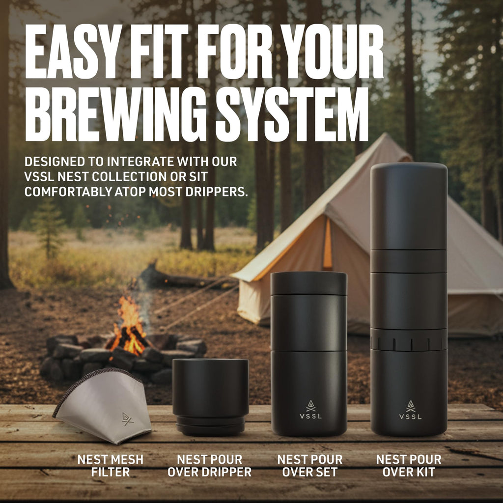VSSL Nest Reusable #1 Stainless Steel Mesh Coffee Filter, Transportable and Compact, Perfect for Camping, Hiking, Adventure, Travel, Eco Friendly, Compatible with Any Cone Pour Over System, Pack of 3