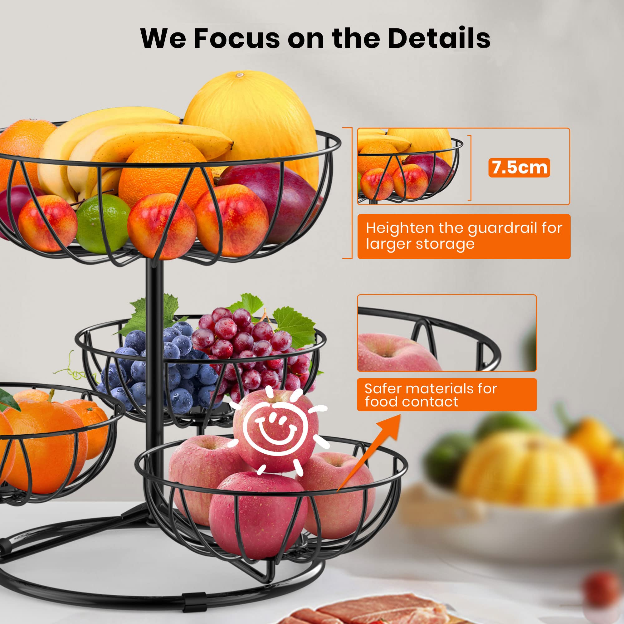 Honeystar 4 Tier Fruit Basket Bowl Fruit Stand Countertop Fruit Bowls for Counter Vegetable Basket Kitchen Organizer and Storage (Black)