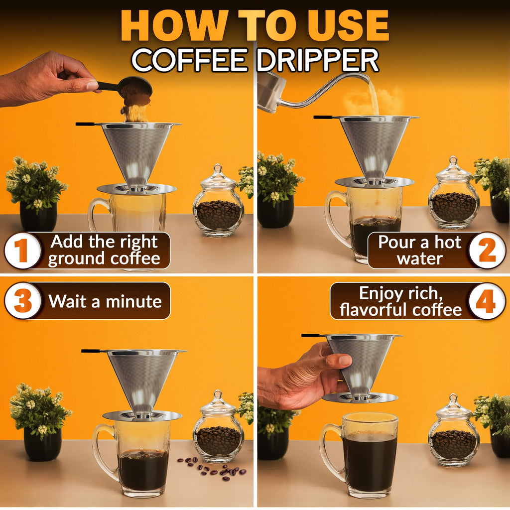Pour Over Coffee Dripper - 3.18x4.48 Stainless Steel Pour Over Coffee Maker with Large Plastic Handle, Wide Secure Base and a Brush for Cleaning - Ensures Well-Balanced and Reach Tea Infuser