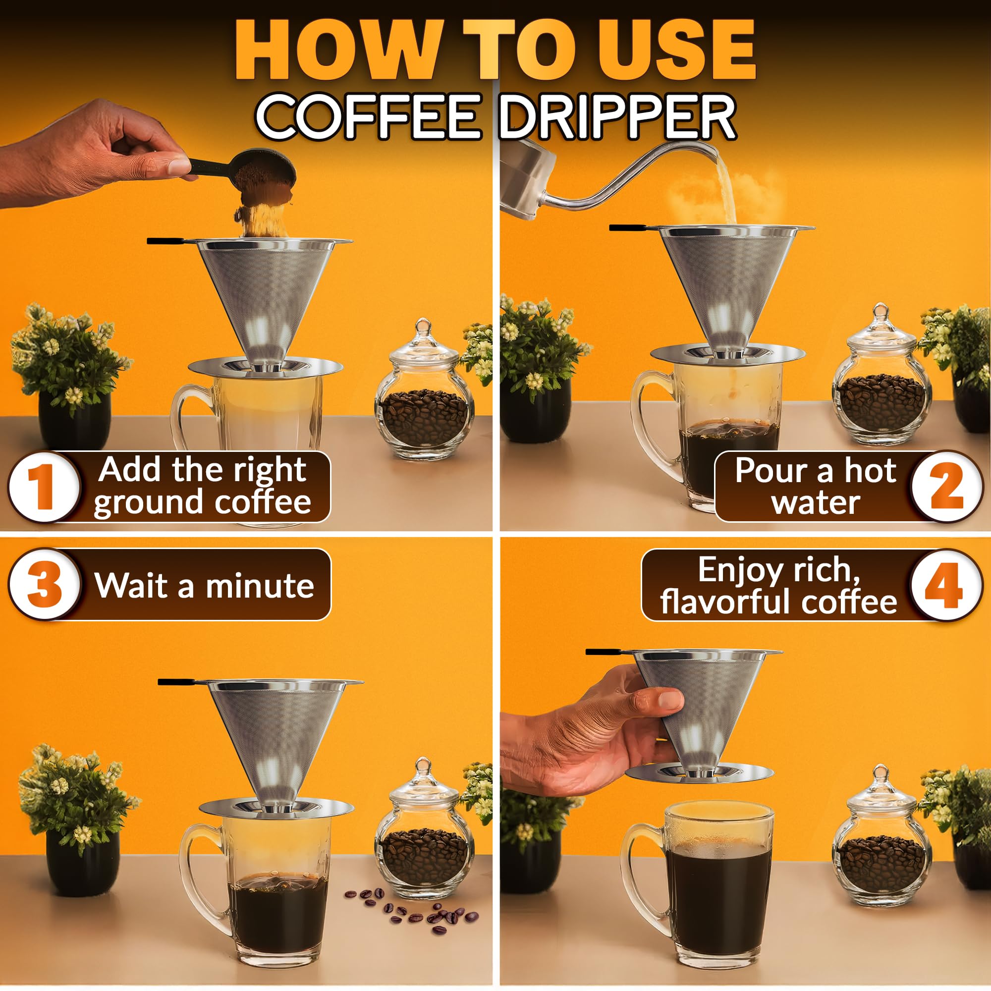 Pour Over Coffee Dripper - 3.18x4.48 Stainless Steel Pour Over Coffee Maker with Large Plastic Handle, Wide Secure Base and a Brush for Cleaning - Ensures Well-Balanced and Reach Tea Infuser