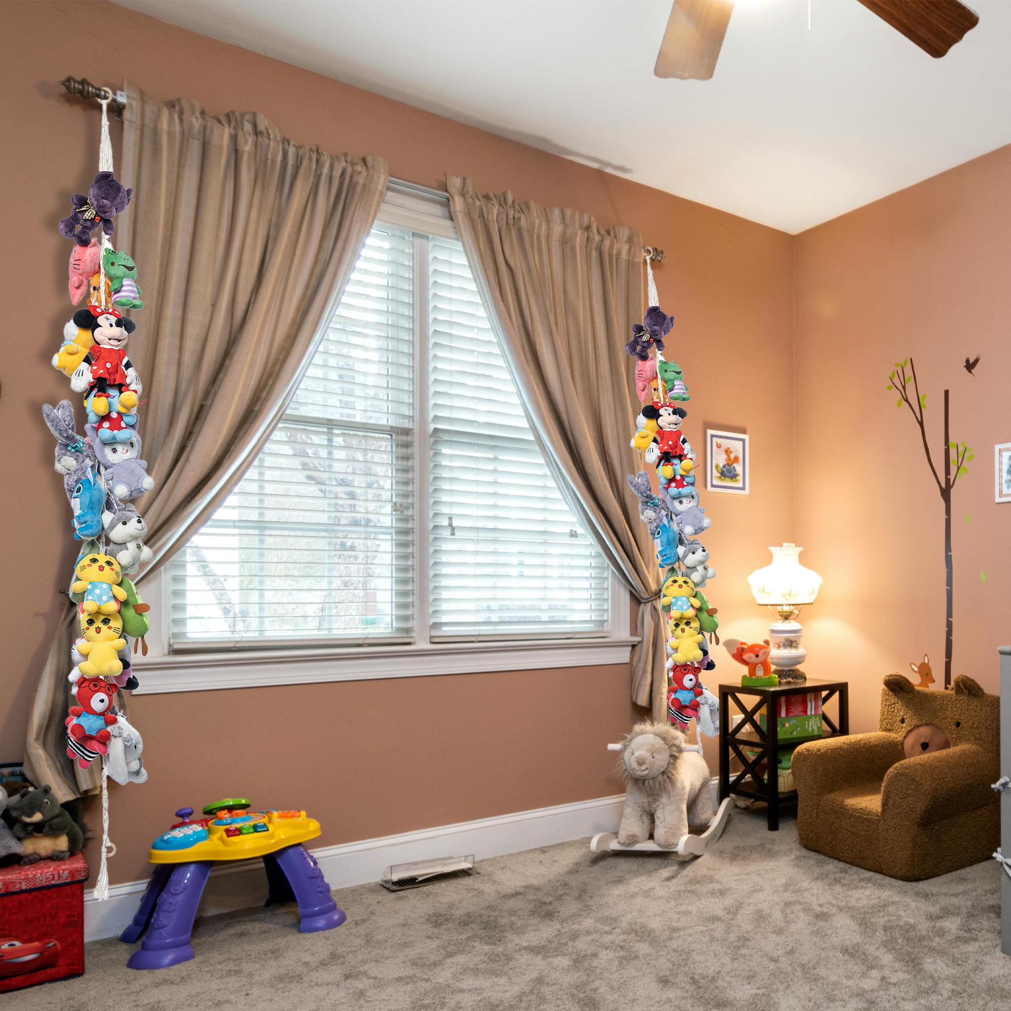 2Pcs Stuffed Animals Storage Chain 80" Hanging Organizer with 40 Metal Clips Stuffed Animal Display Holder Macrame Stuffed Animal Chain Decor Hanger for Nursery Playroom Wall Corner