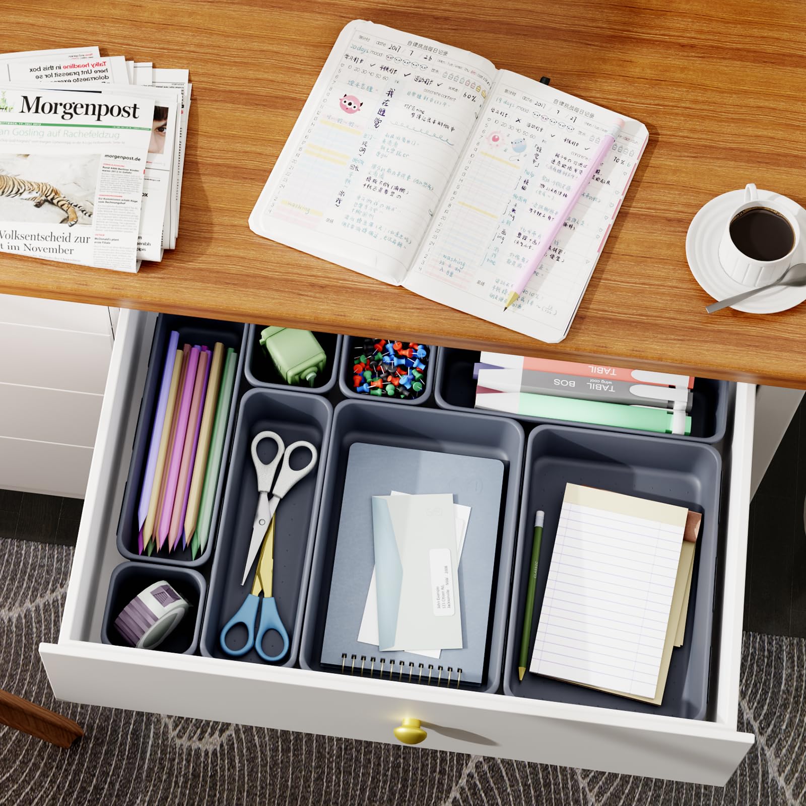 Giklux 45 Pack Grey Plastic Drawer Organizers, 3 Sizes, Office, Kitchen, Bathroom, Vanity, Makeup, Gadget Trays