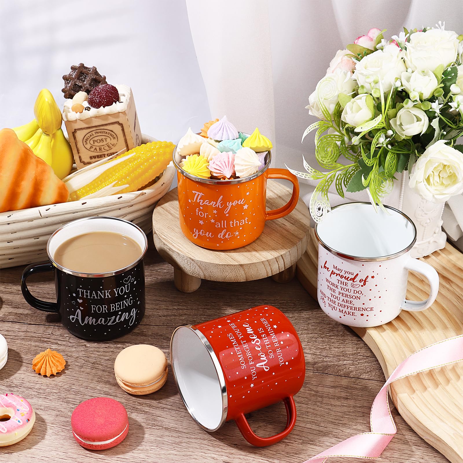 4 Pcs 12 oz Inspirational Enamel Coffee Mug Gift Thank You Gifts Motivational Camping Coffee Mugs Drinking Cup Employee Appreciation Gifts for Volunteer Staff Coworker Team Teacher Nurse Favors