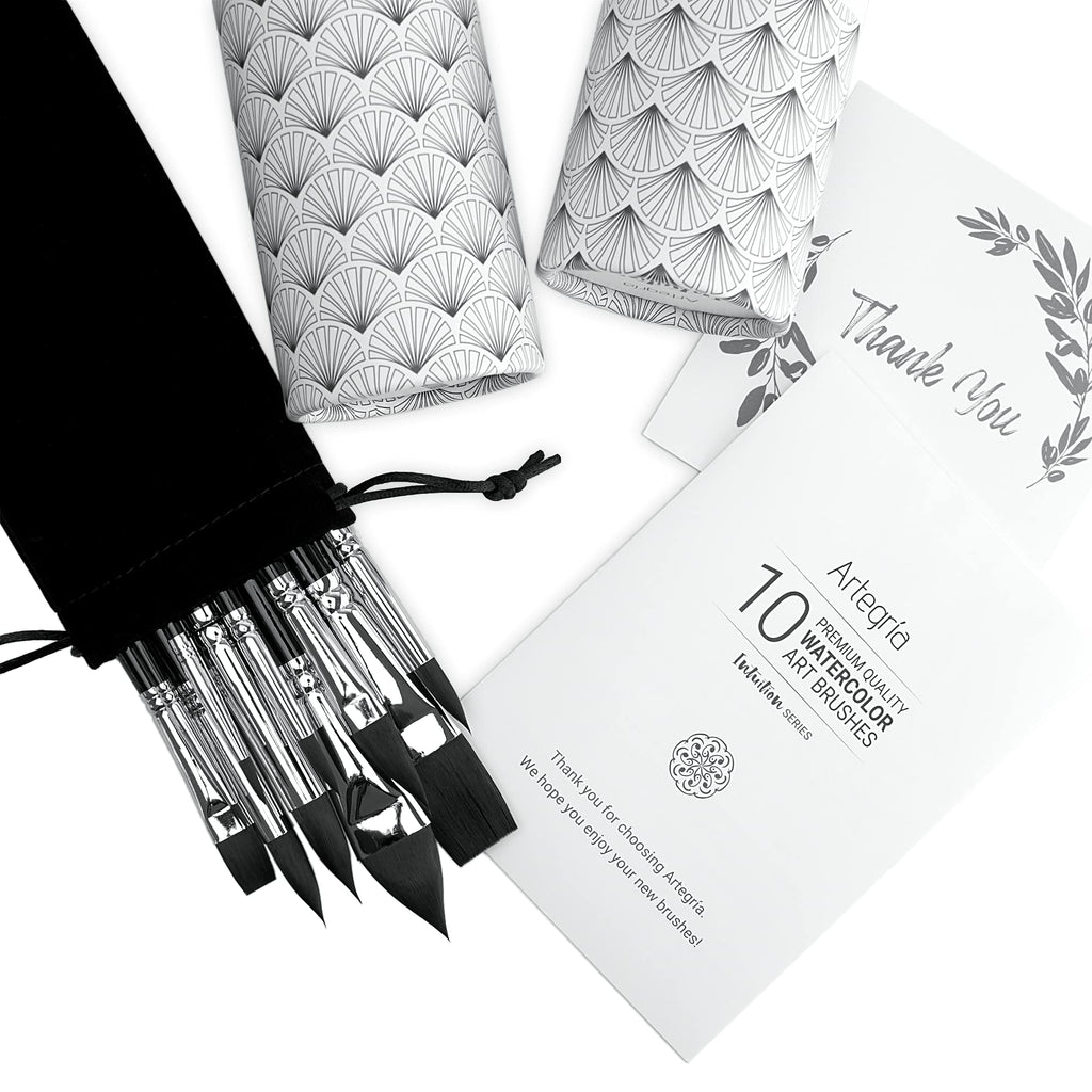 ARTEGRIA Watercolor Brush Set, 10 Soft Synthetic Squirrel Paint Brushes, Including Pointed Rounds, Flats, Dagger, Oval Wash