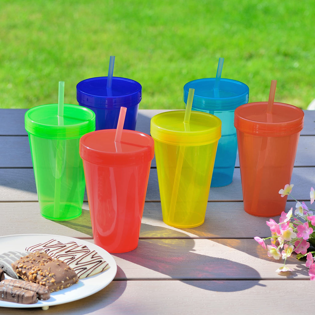 Youngever 9 Sets 16 Ounce Plastic Cups with Lids and Straws, Reusable Plastic Cups with Straws (Rainbow Colors)