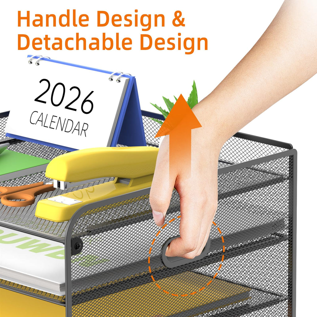 SUPEASY Mesh Desk Organizer with File Holder 5-Tier Paper Letter Tray Organizer with Magazine Holder Desktop Organizer and Storage with Upright Sections for Office Supplies Home or School (Black)