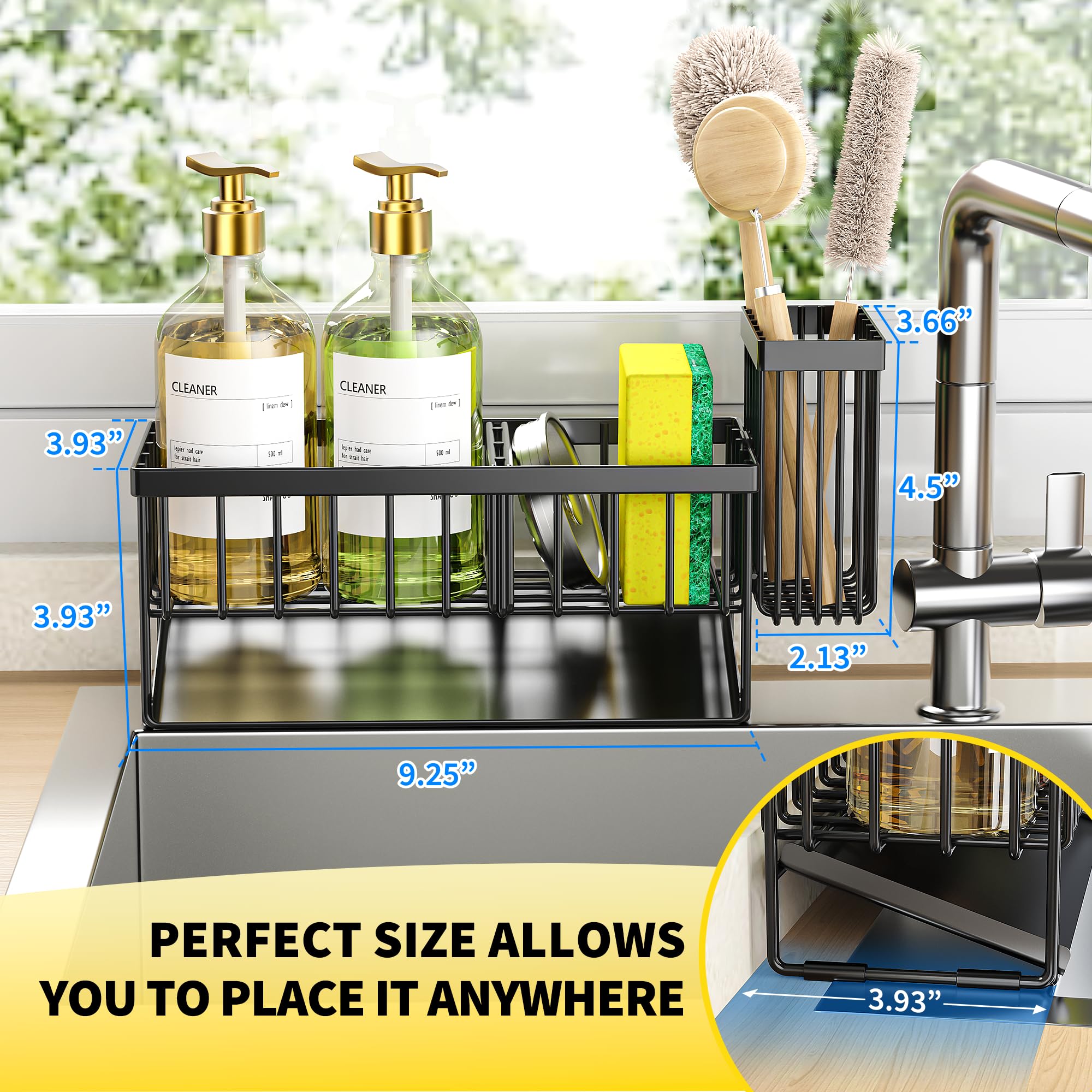 Cisily Kitchen Sink Caddy Organzier with High Brush Holder, Sponge Holder for Sink, 304 Rustproof Stainless, Kitchen Countertop Soap Dispenser Organizer, Kitchen Decor and Accessories (Black)