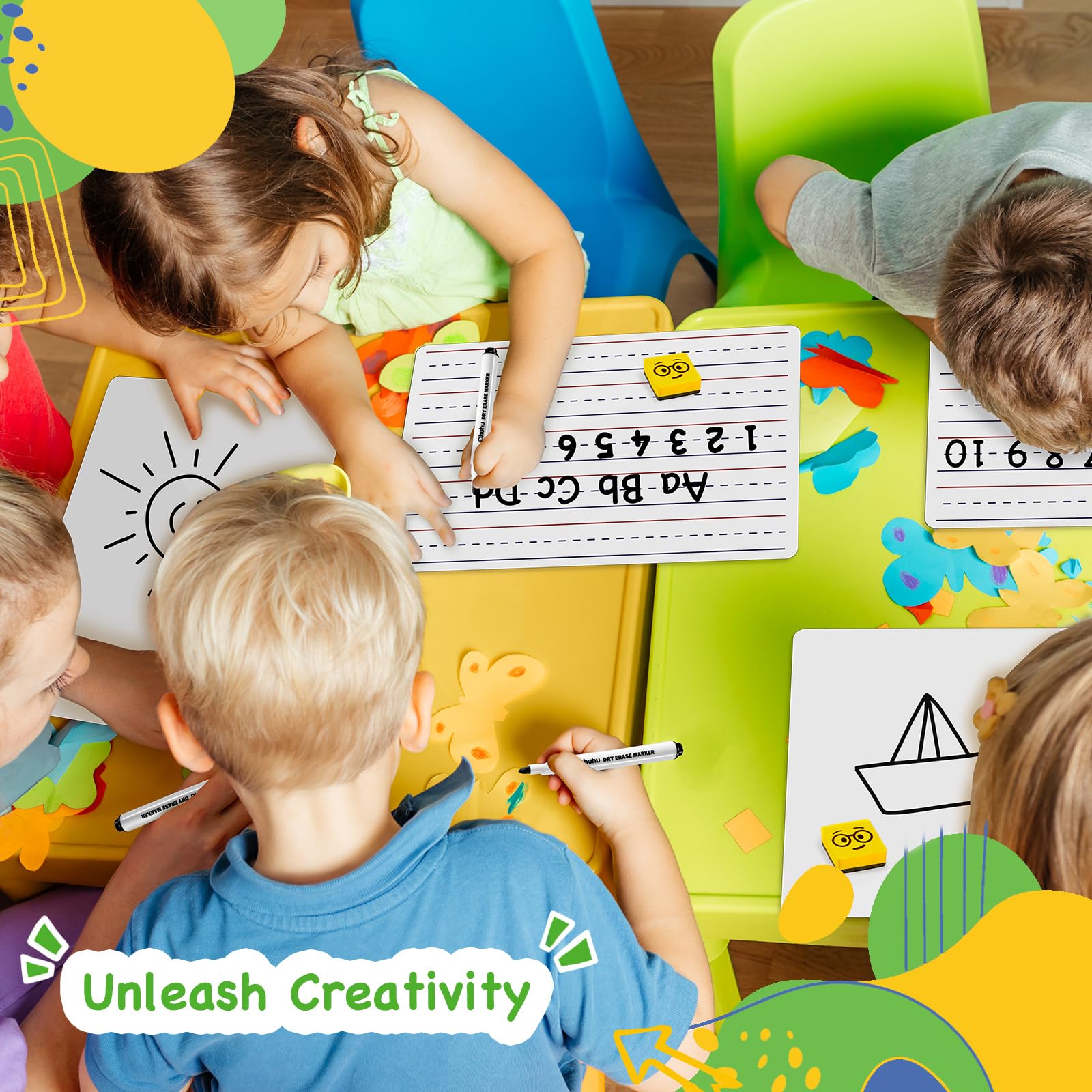 Ohuhu 6-Pack Small White Boards, Double-Sided Dry Erase Boards, Lined & Plain, 9 x 12 Inch Mini Whiteboards Set, Including 6 x Lapboards, 6 x Markers, 6 x Erasers, Ideal for Homeschools & Group Games