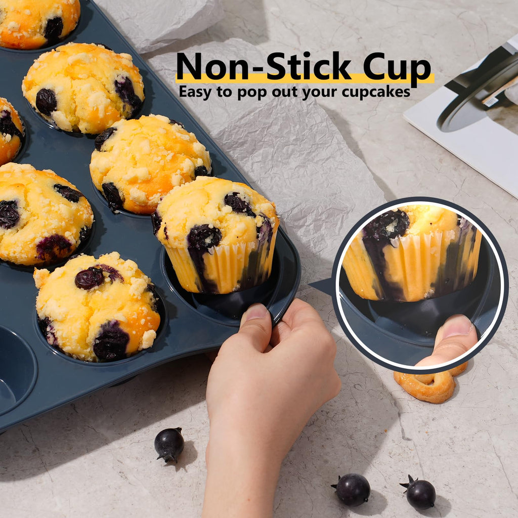 Vnray 2 Pack Silicone Muffin Baking Pan & Cupcake Tray 12 Cup - Nonstick Cake Molds/Tin, Silicon Bakeware, BPA Free, Dishwasher & Microwave Safe by Vnray (12 Cup Size, Grey)