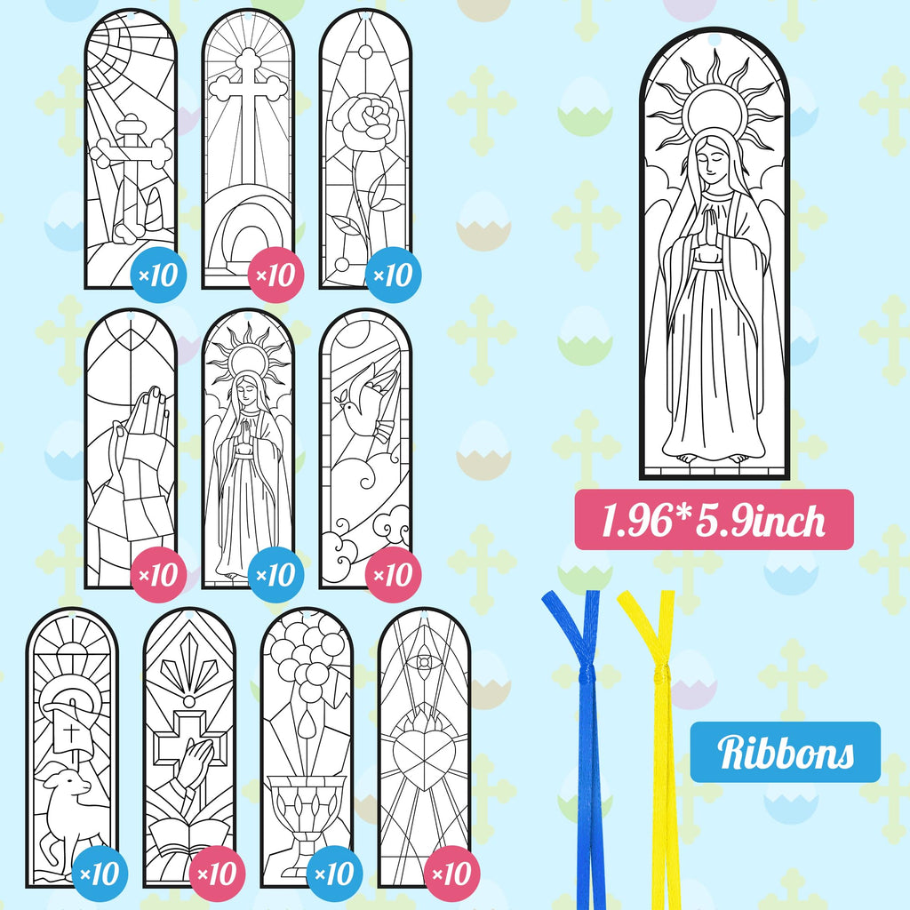 100Pcs Easter He is Risen Color Your Own Bookmarks Double-Sided Stained Glass Style DIY Coloring Blank Bookmarks Religious Christian Sunday School Church Resurrection Cross DIY Crafts Gifts for Kids