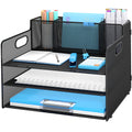 Desk Organizer with pen holders, 3-Tier Letter Paper Tray Organizer with 3 Pen Holder, Desk Organizers and Accessories, Mesh Desktop File Organizer and Storage for Office Supplies Black