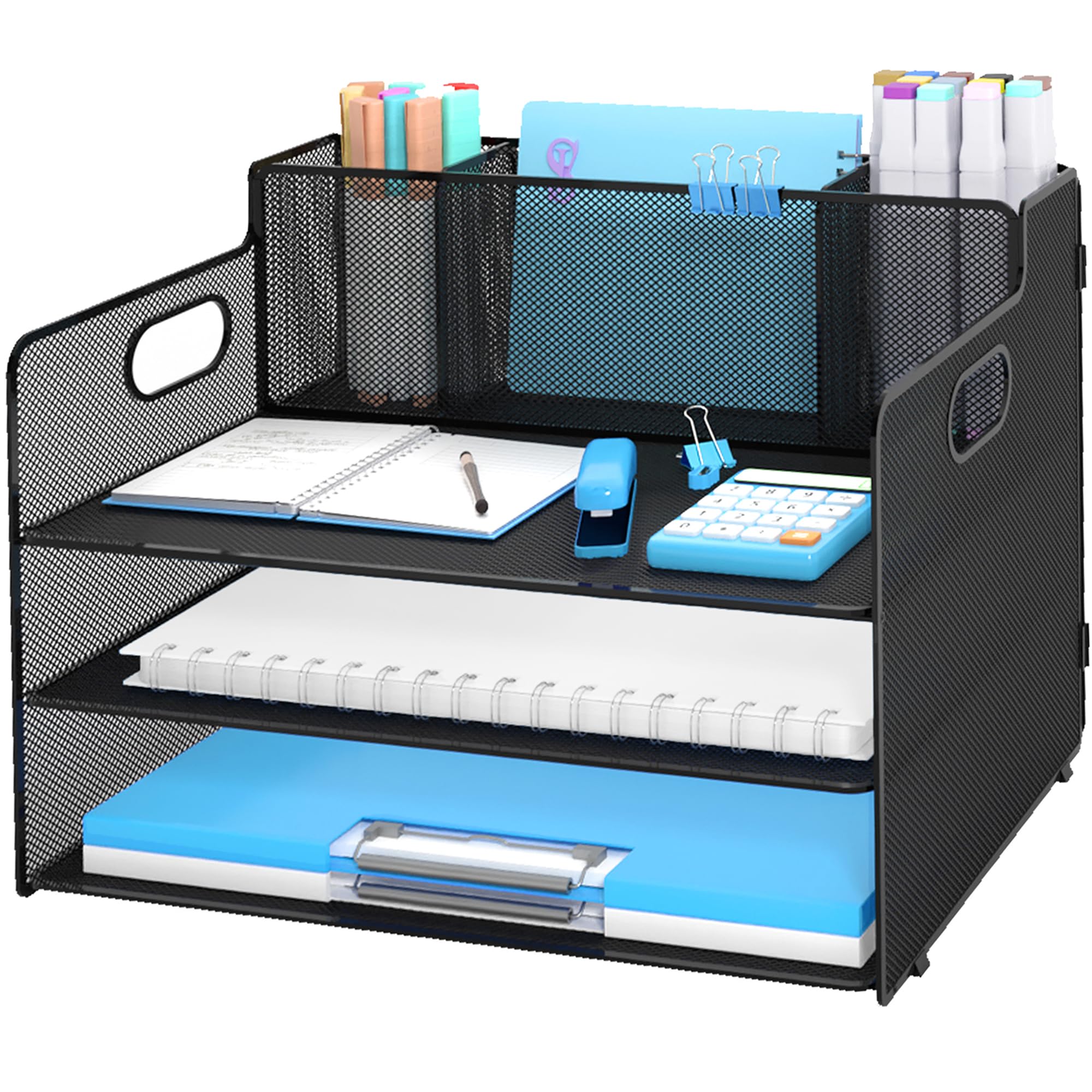 Desk Organizer with pen holders, 3-Tier Letter Paper Tray Organizer with 3 Pen Holder, Desk Organizers and Accessories, Mesh Desktop File Organizer and Storage for Office Supplies Black
