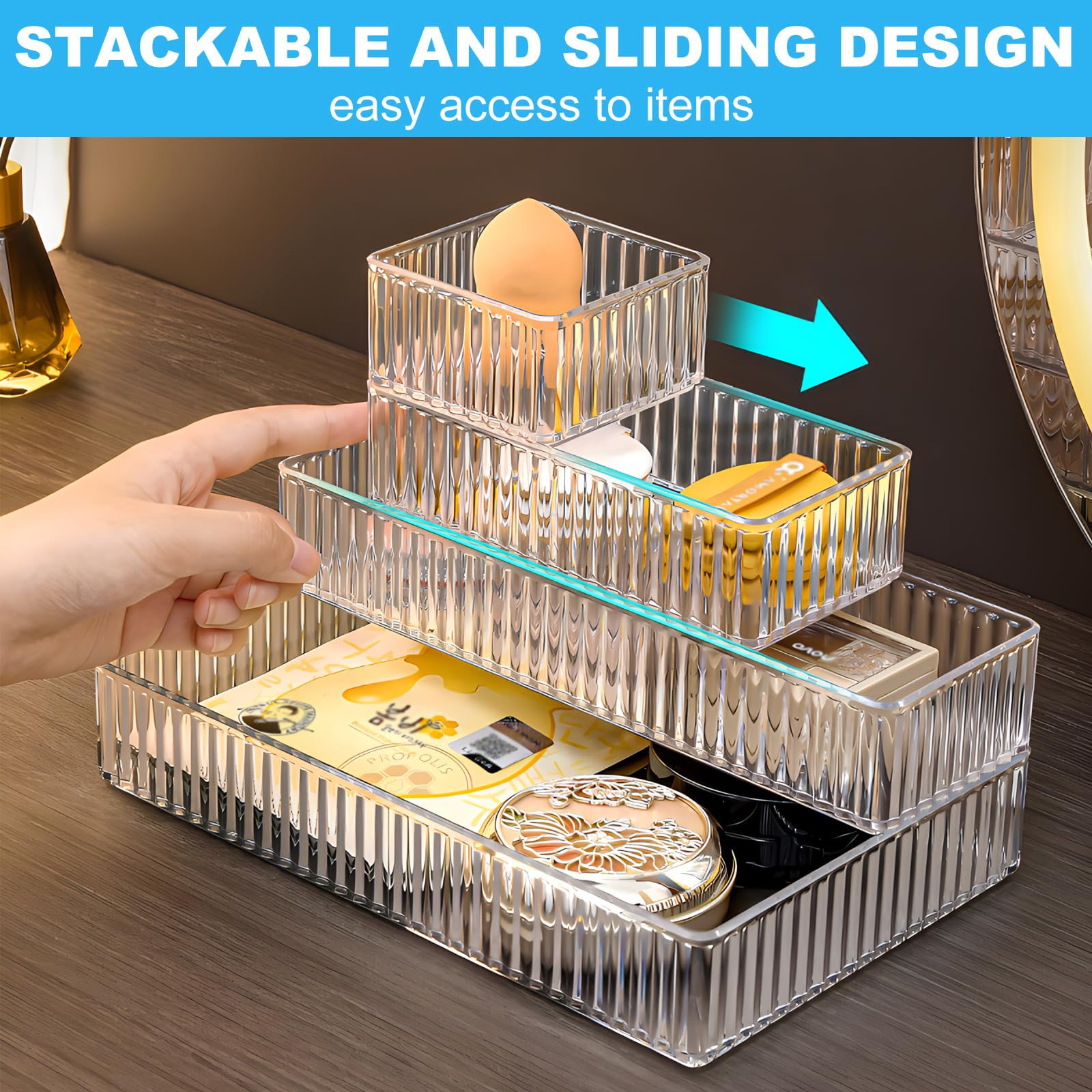 14 Pieces Clear Drawer Organizer Set, Stackable Drawer Storage Bins with Non-Slip Base, 4 Sizes up to 9.92"x6.23", Plastic Containers for Makeup, Kitchen, Office (14 Pack)
