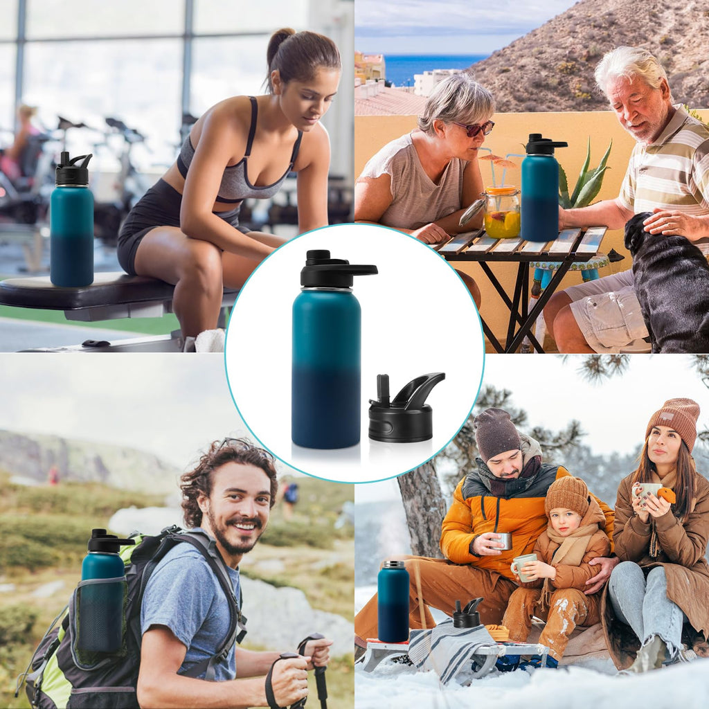 Insulated Water Bottle, 32oz Vacuum Stainless Steel Metal Sports Water Bottles with Stickers, Straw & Spout Lid (2 Lids), Double Walled to Keeps Hot and Cold, Leak Proof, BPA-Free, 32oz (Green Blue)
