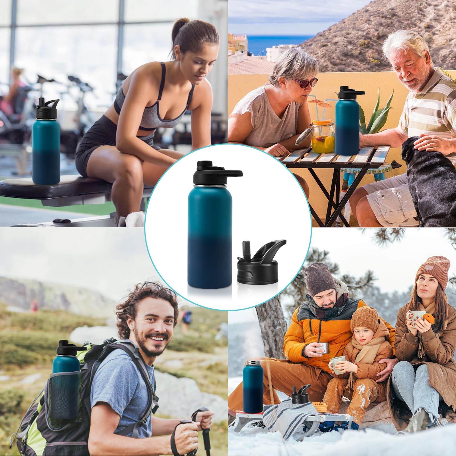 Insulated Water Bottle, 32oz Vacuum Stainless Steel Metal Sports Water Bottles with Stickers, Straw & Spout Lid (2 Lids), Double Walled to Keeps Hot and Cold, Leak Proof, BPA-Free, 32oz (Green Blue)