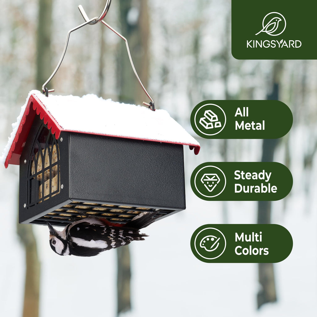 Kingsyard Double Suet Bird Feeder with Weatherproof Roof, All Metal, Upside Down Suet Feeders for Outdoors Hanging, Great for Downy Woodpecker Nuthatch Chickadee, Red