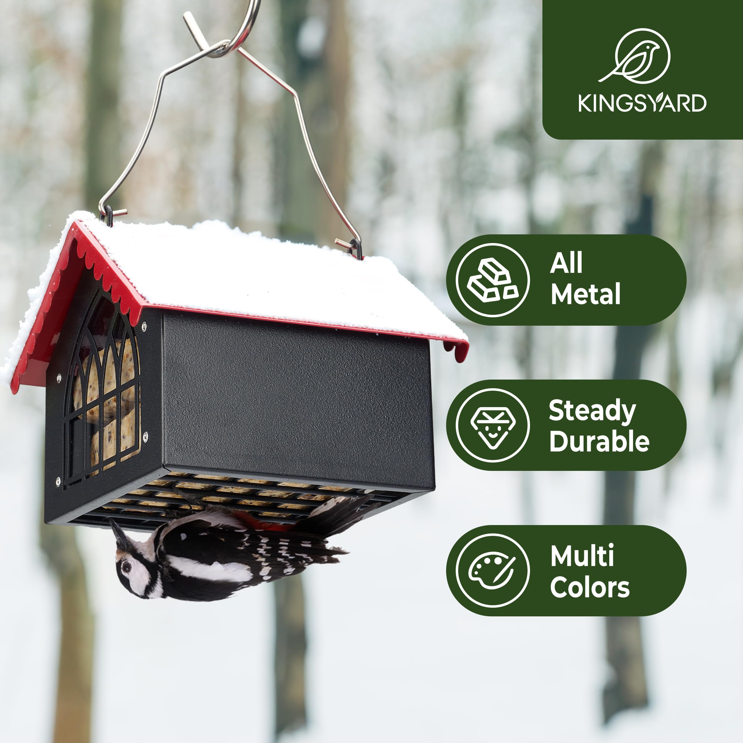Kingsyard Double Suet Bird Feeder with Weatherproof Roof, All Metal, Upside Down Suet Feeders for Outdoors Hanging, Great for Downy Woodpecker Nuthatch Chickadee, Red