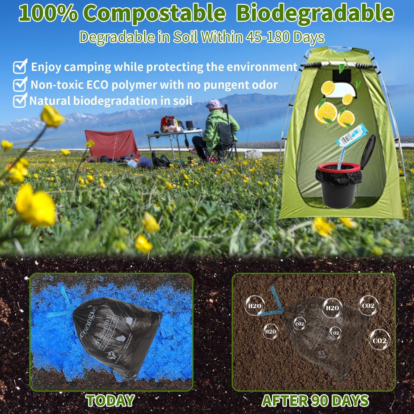 Portable Toilet Bags Poo Gel Set, 8 Gallon Camping Toilet Bag with Portable Absorbent Gel, Compostable Potty Bag for Camping Outdoor Hiking