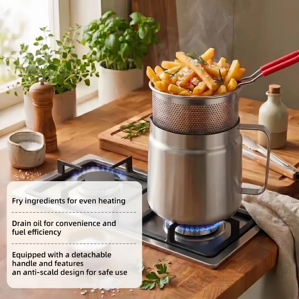 2-in-1 Deep Fryer Pot with Basket(2.1L), Stainless Steel Oil Strainer Pot, 304 Food-Grade Frying Pot with Fine Mesh Oil Filter for Cooking & Bacon Grease Storage