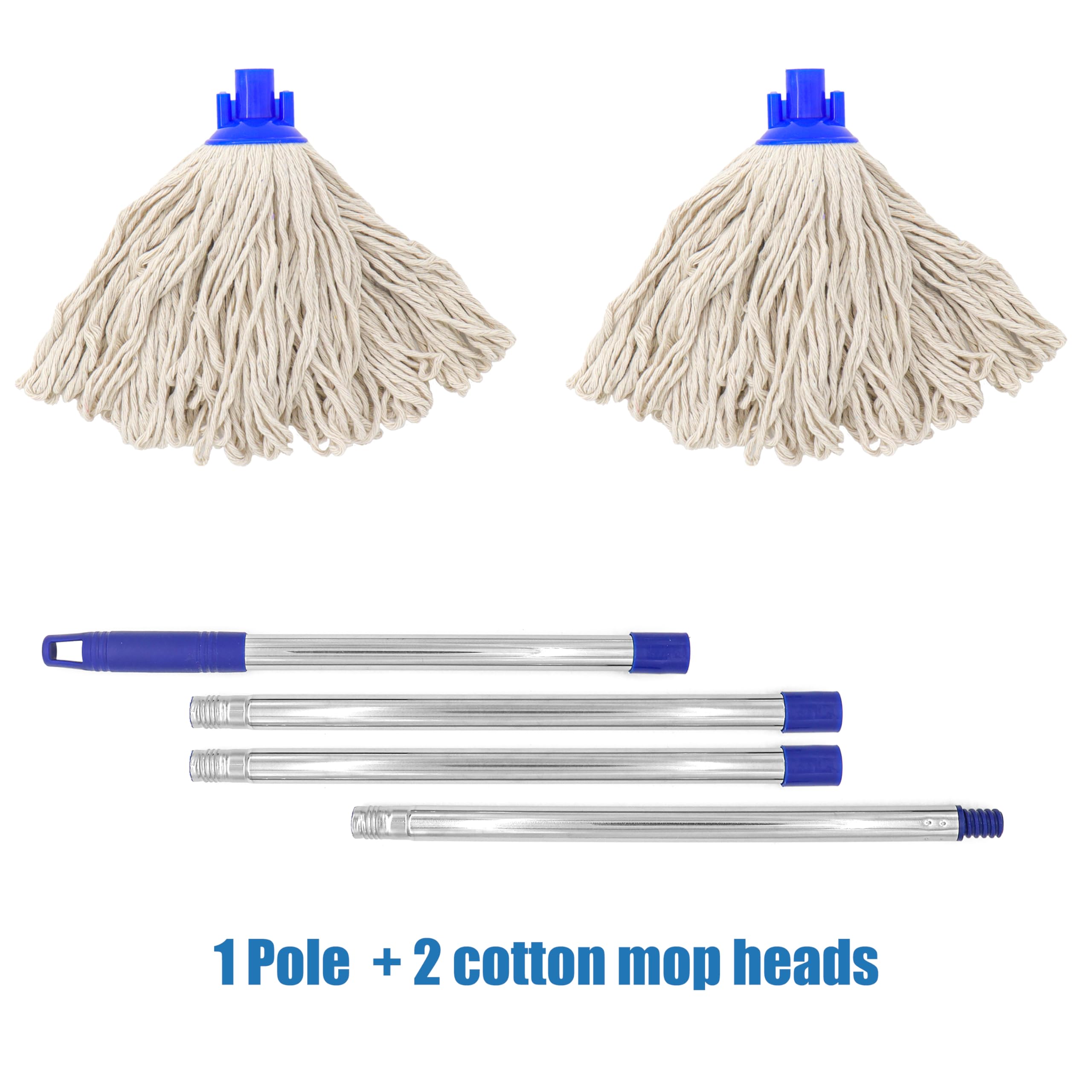 Cotton Cloth Mop, 4 Section Stainless Steel Pole + Two Cotton String Mop Heads White