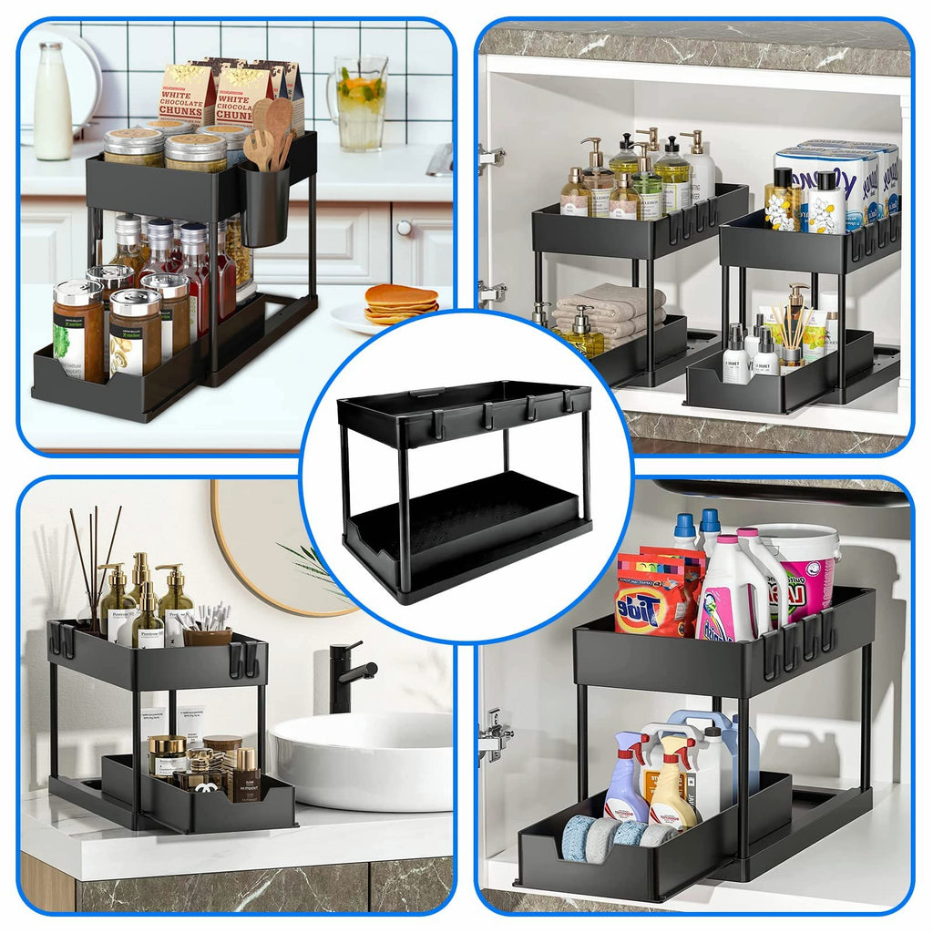 Under Sink Organizer 2 Set - Tomekji Under Sink Storage, Sliding Drawer Pull Out with Hooks for Kitchen Bathroom, No Hanging Cups（Black）