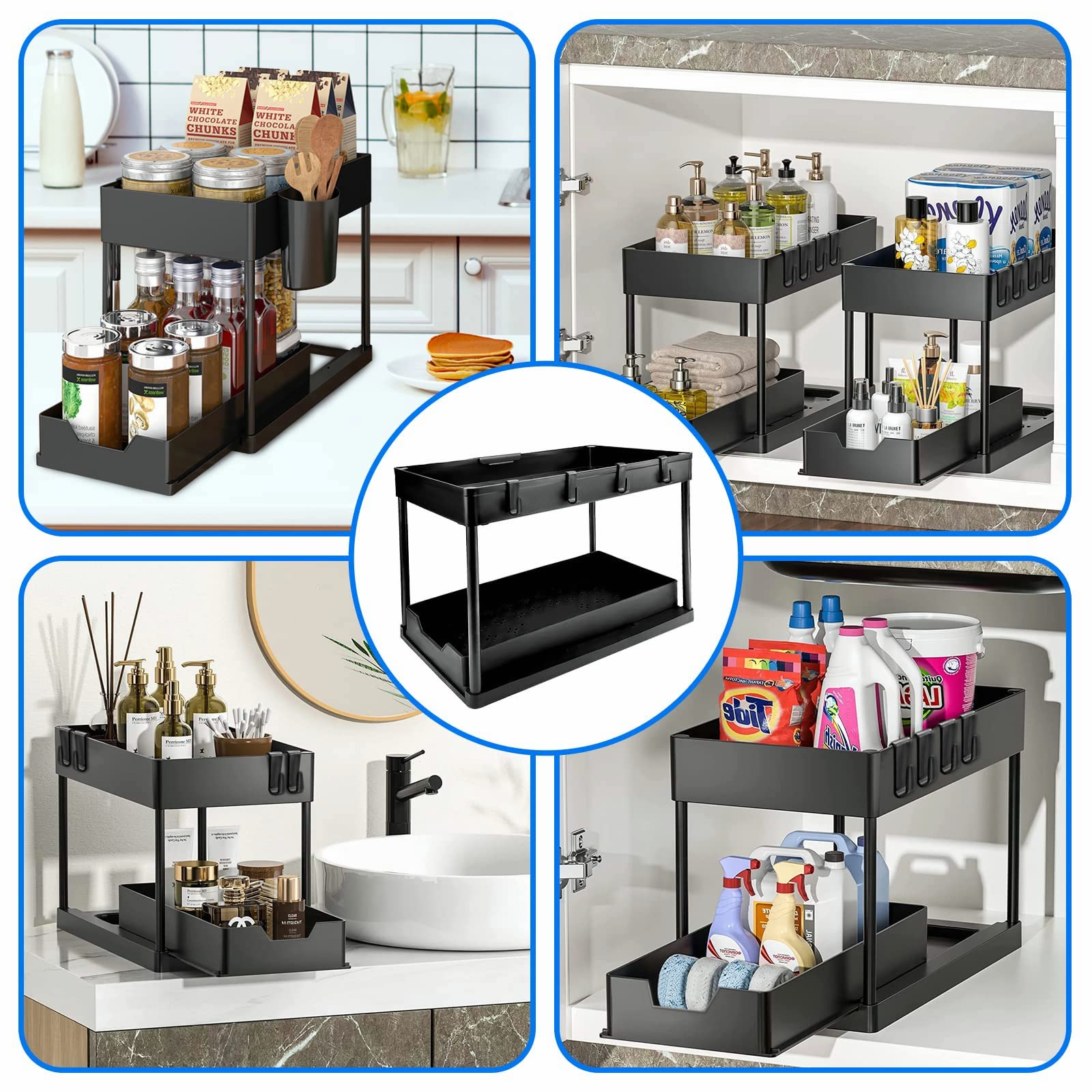 Under Sink Organizer 2 Set - Tomekji Under Sink Storage, Sliding Drawer Pull Out with Hooks for Kitchen Bathroom, No Hanging Cups（Black）