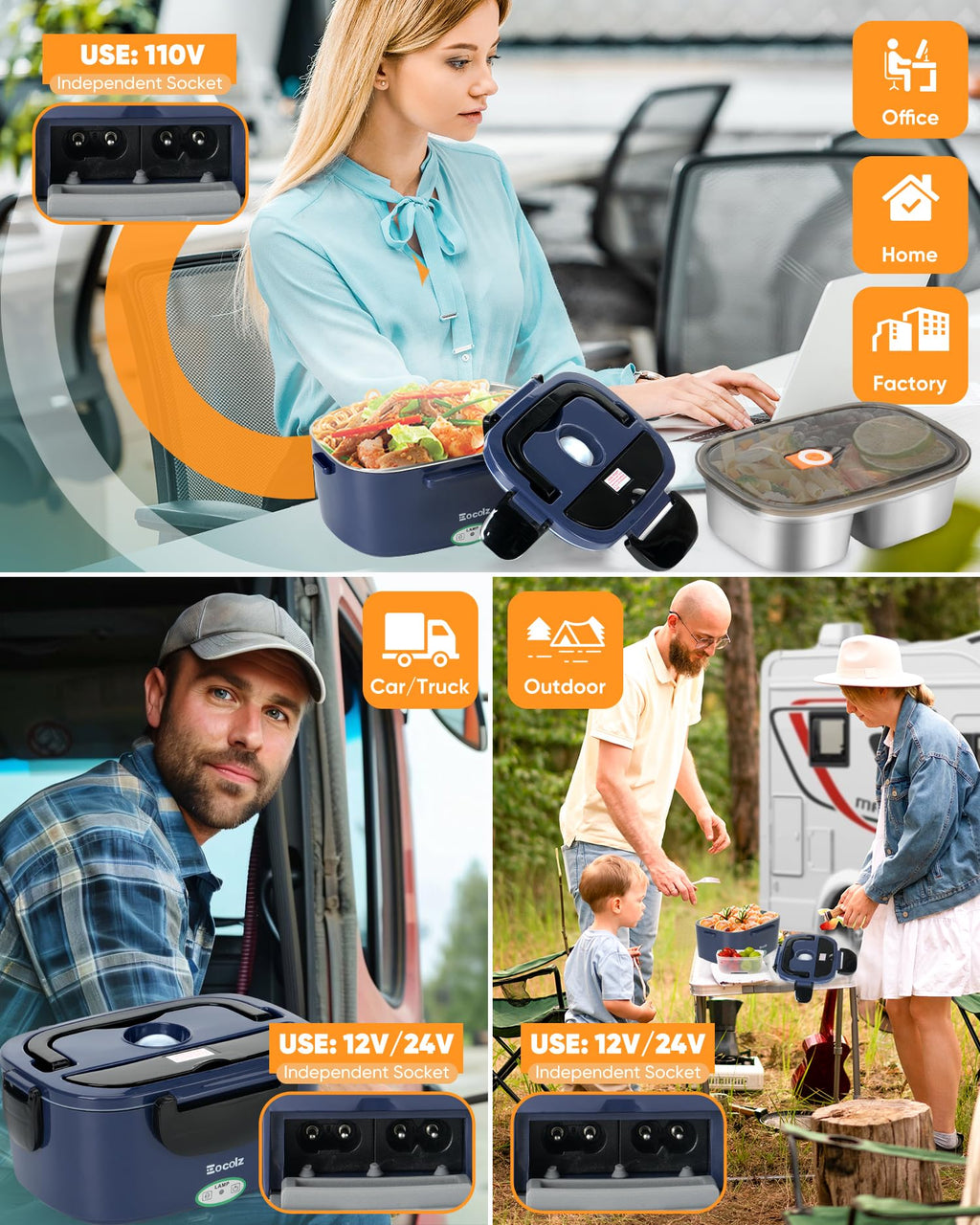 Electric Lunch Box Food Heater - 100W Fast Heating Lunch Box 12V/24V/110-230V Warming Lunchbox, Dual 1.5L Containers, Portable Food Warmer for Car/Truck/Travel, with Spork & Insulated Carry Bag