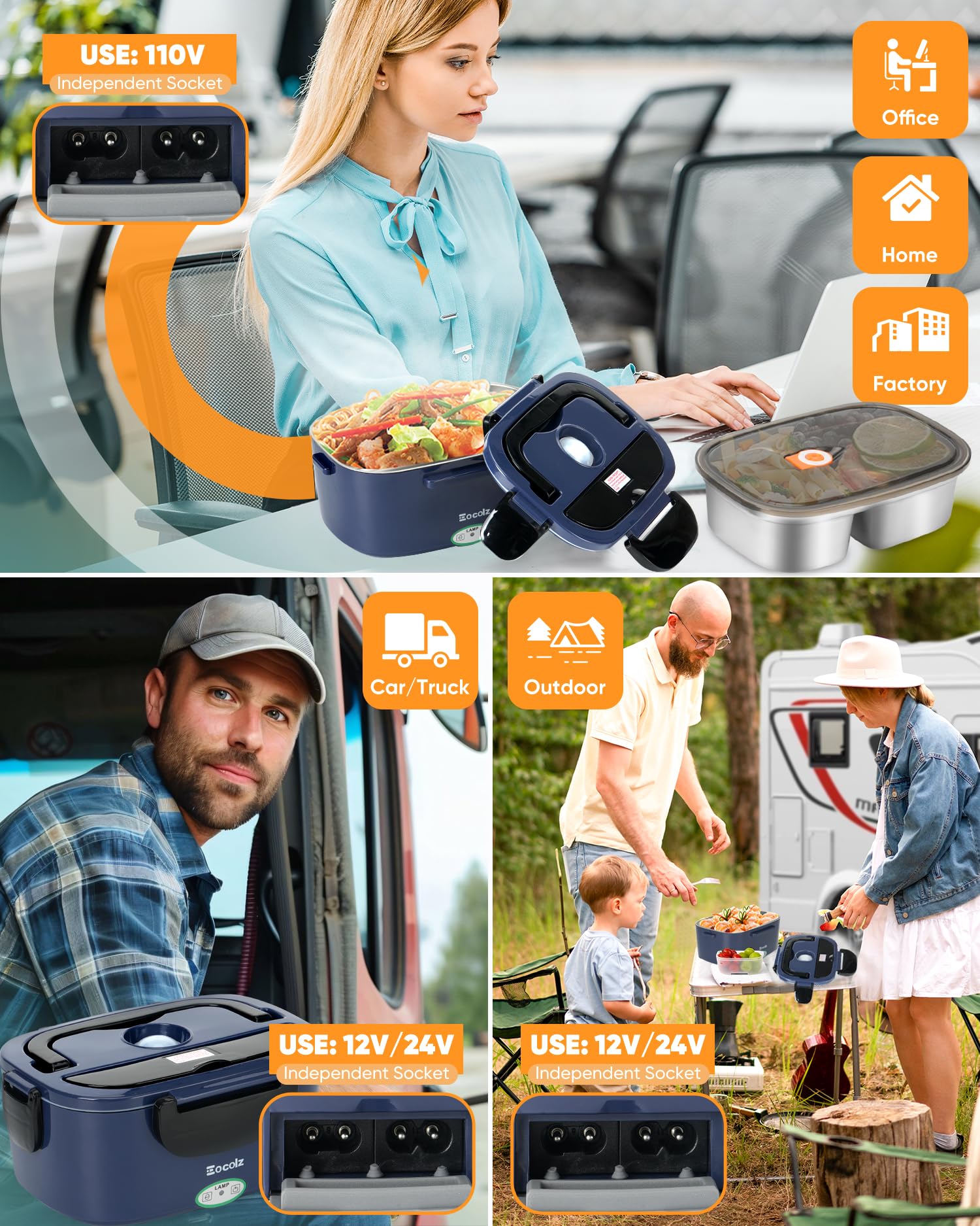 Electric Lunch Box Food Heater - 100W Fast Heating Lunch Box 12V/24V/110-230V Warming Lunchbox, Dual 1.5L Containers, Portable Food Warmer for Car/Truck/Travel, with Spork & Insulated Carry Bag