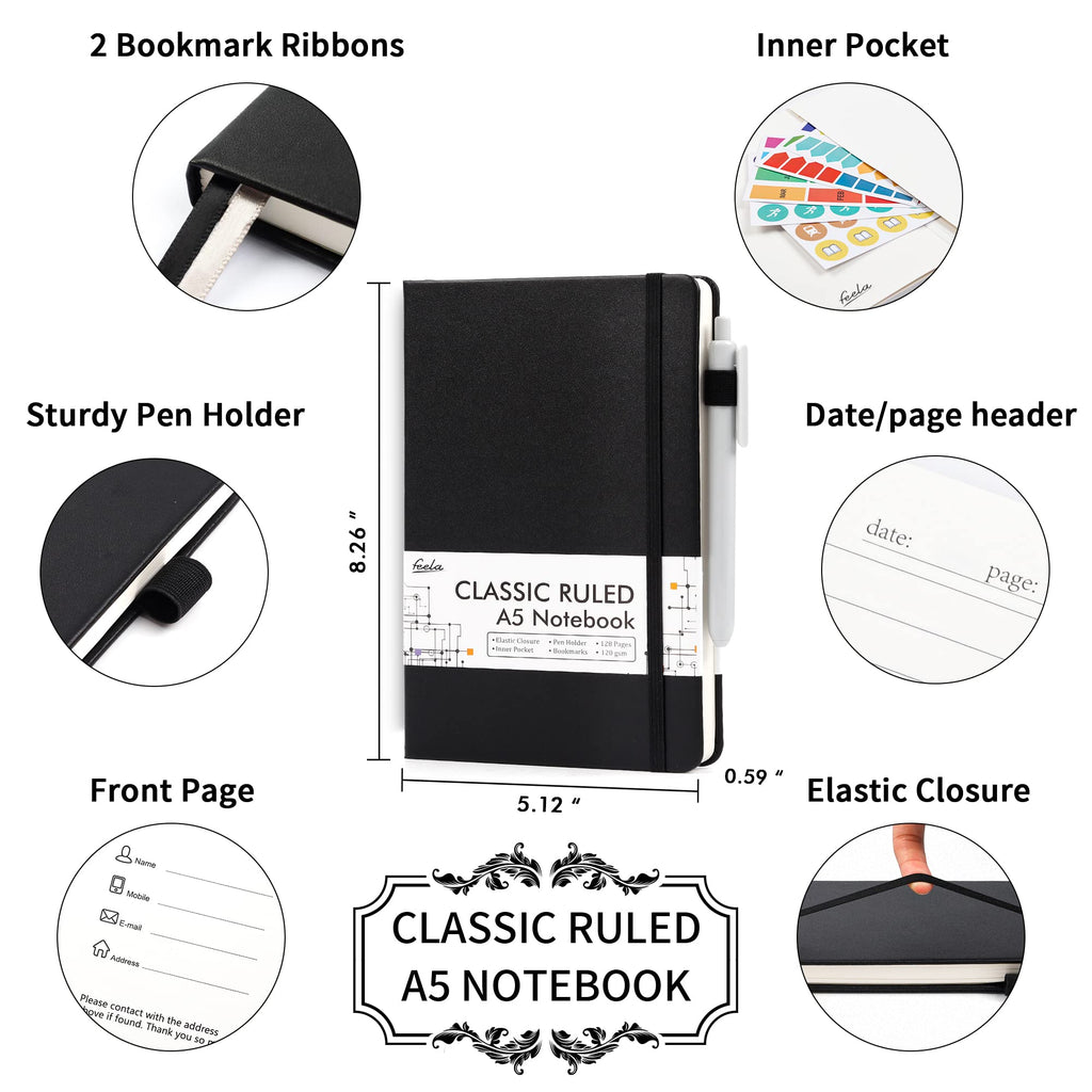 feela 3 Pack Notebooks Journals Bulk with 3 Black Pens, A5 Hardcover Notebook Classic Ruled Lined Journal Set with Pen Holder for Work Business Journaling Note Taking, 120 GSM, 5.1”x8.3”, Black