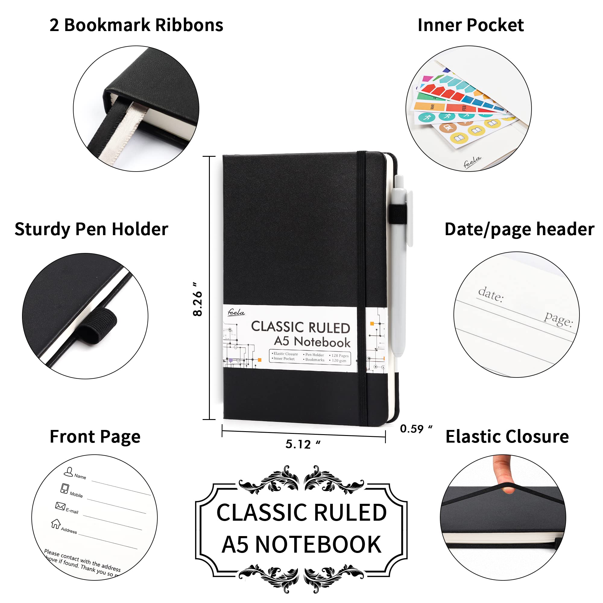 feela 3 Pack Notebooks Journals Bulk with 3 Black Pens, A5 Hardcover Notebook Classic Ruled Lined Journal Set with Pen Holder for Work Business Journaling Note Taking, 120 GSM, 5.1”x8.3”, Black
