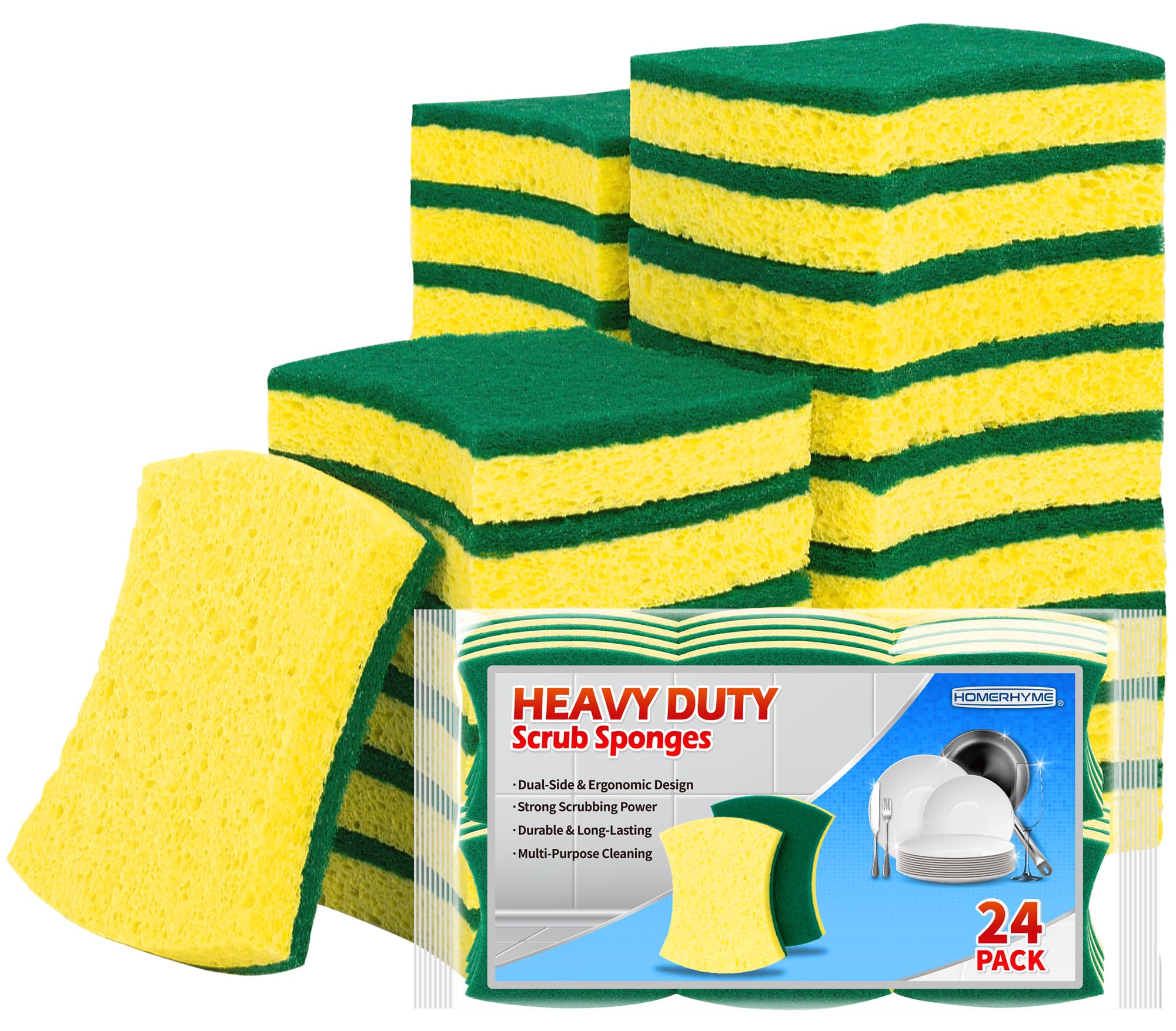 HOMERHYME Heavy Duty Cellulose Scrub Sponges 24 Pack, Kitchen Sponge with Double-Side & Ergonomic Design. Durable Sponge for Dishes, Uncoated Cookware, Sink, and Countertops.