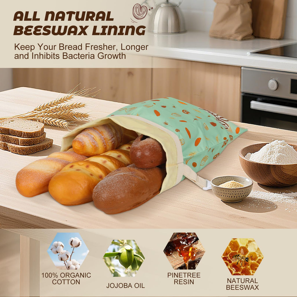 Reusable Beeswax Bread Bags for Homemade Bread 2 Pack, 17 x 13 inch, Natural Lined Cotton Beeswax Bags for Freezer & Refrigerator, Sourdough Bag, Bread Storage Bags Freshness Lock, Bakery Essentials