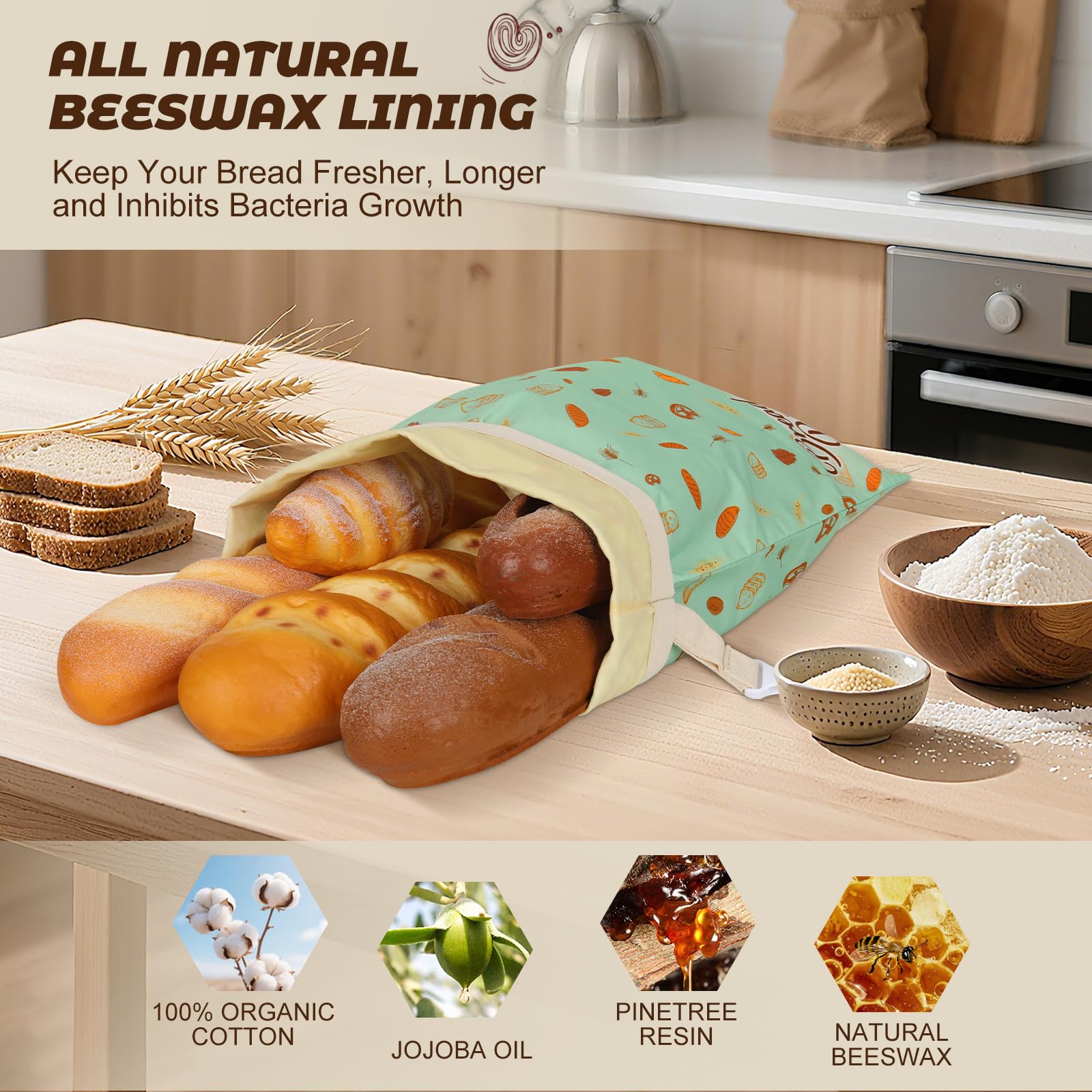 Reusable Beeswax Bread Bags for Homemade Bread 2 Pack, 17 x 13 inch, Natural Lined Cotton Beeswax Bags for Freezer & Refrigerator, Sourdough Bag, Bread Storage Bags Freshness Lock, Bakery Essentials