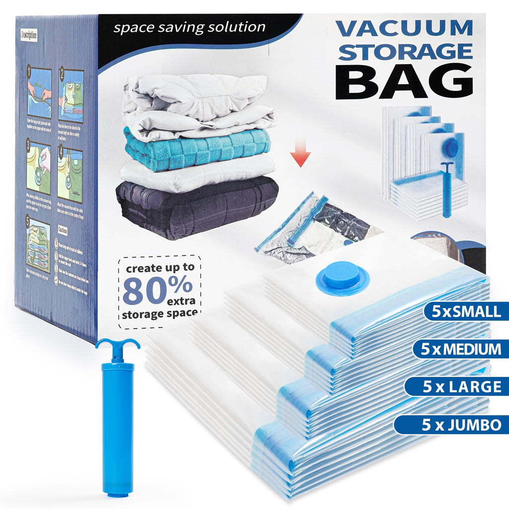 Vacuum Storage Bags 20 pack, Vacuum Bags for Travel Compression bag with Hand Pump, Vacuum Sealer Bags for Clothes, Luggage, Pillows, Blanket, Comforters, Space Saver Sealer Bags(5 S/5 M/5 L/5 Jumbo)