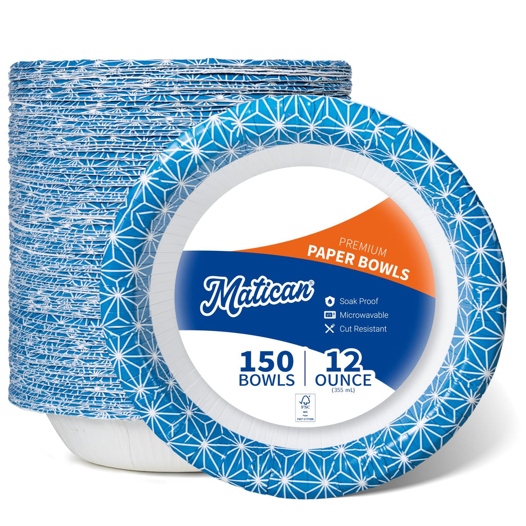 Paper Bowls, 355 ml, 150-Count, Microwave-Safe, Soak-Proof, Disposable Bowls with Asanoha Mosaic Design, Great for Soup, Salad, Snacks, and Meals