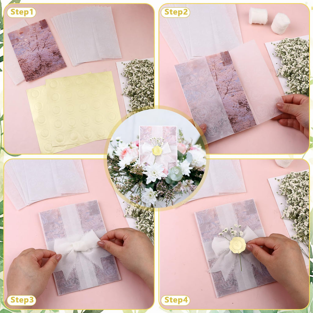 50 Sets Wedding Invitations Wraps Include 5 x 7 Pre Folded Vellum Jackets White Rose-Printed Transparent Paper Envelope Dried Baby's Breath Flowers Gold Foil Heart Stickers Chiffon Ribbons for Wedding
